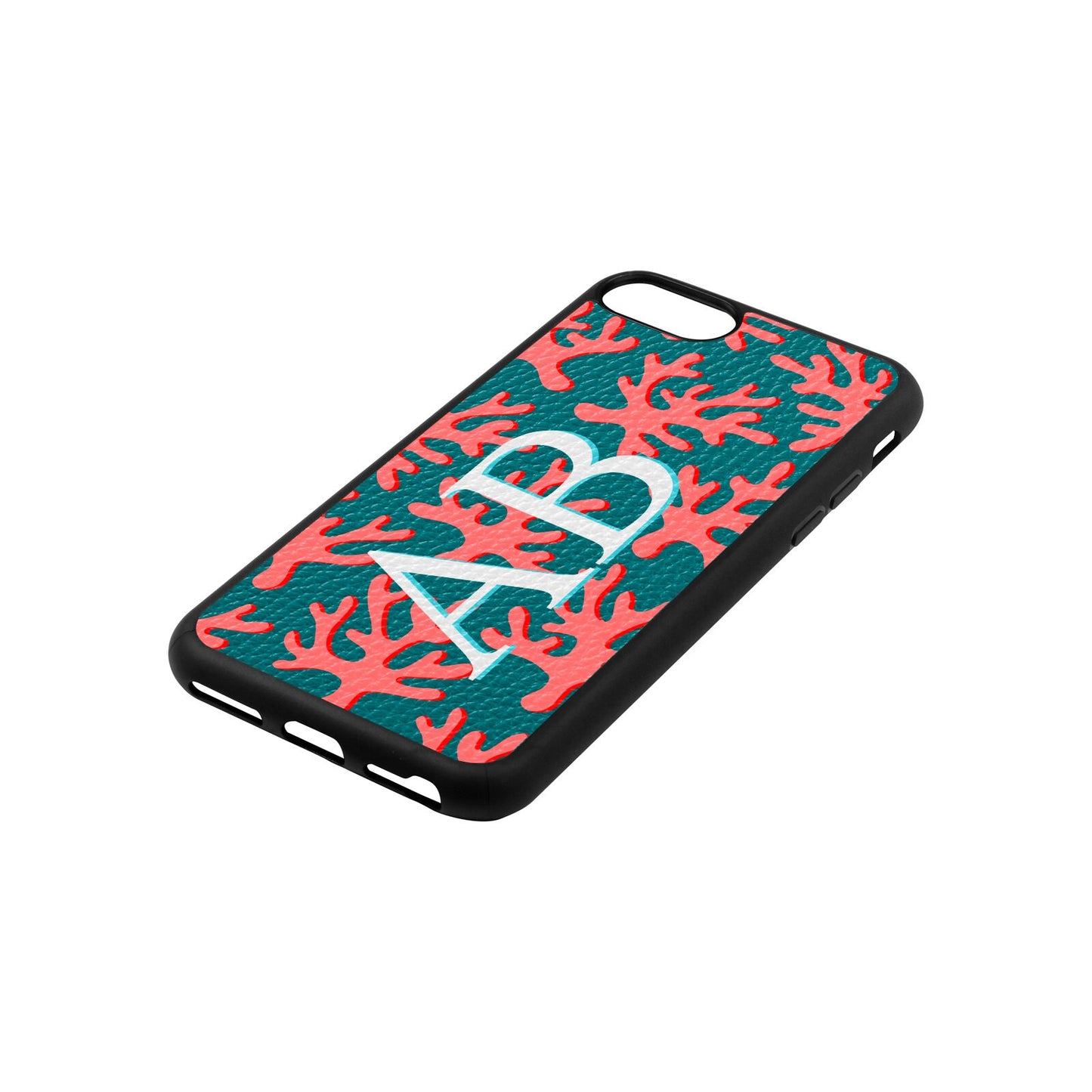 Custom Coral Initials Green Pebble Leather iPhone 8 Case Side Angle
