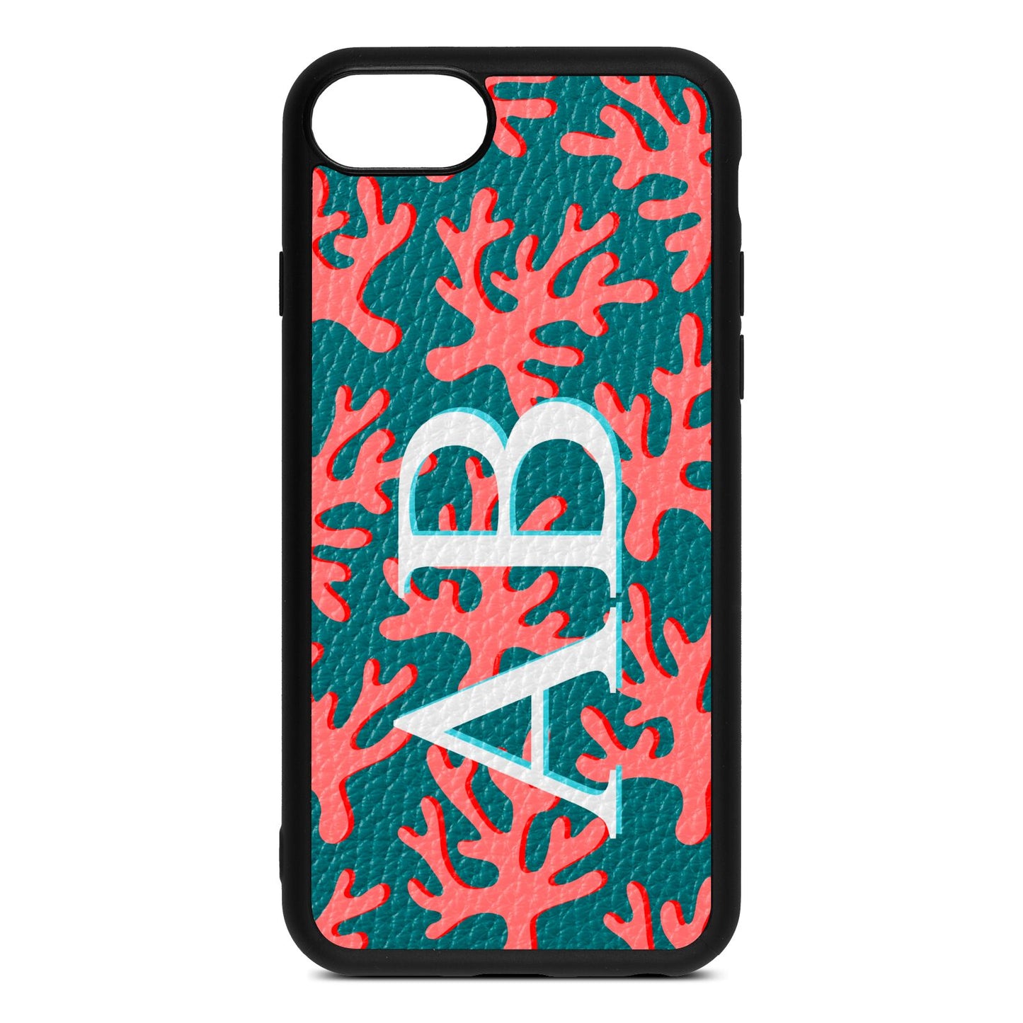 Custom Coral Initials Green Pebble Leather iPhone 8 Case