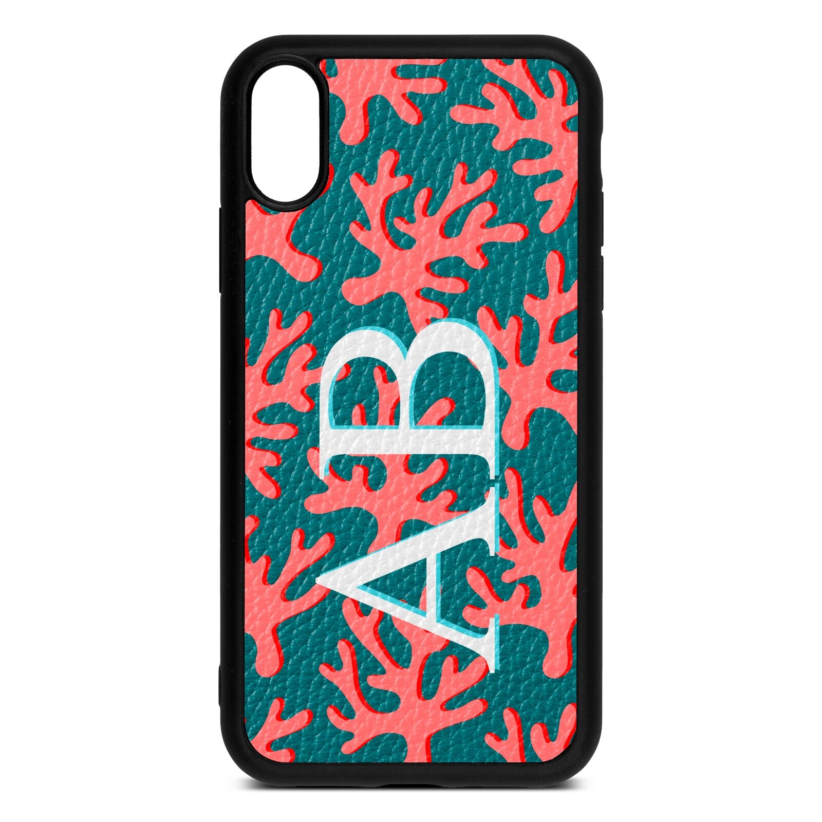Custom Coral Initials Green Pebble Leather iPhone Xr Case