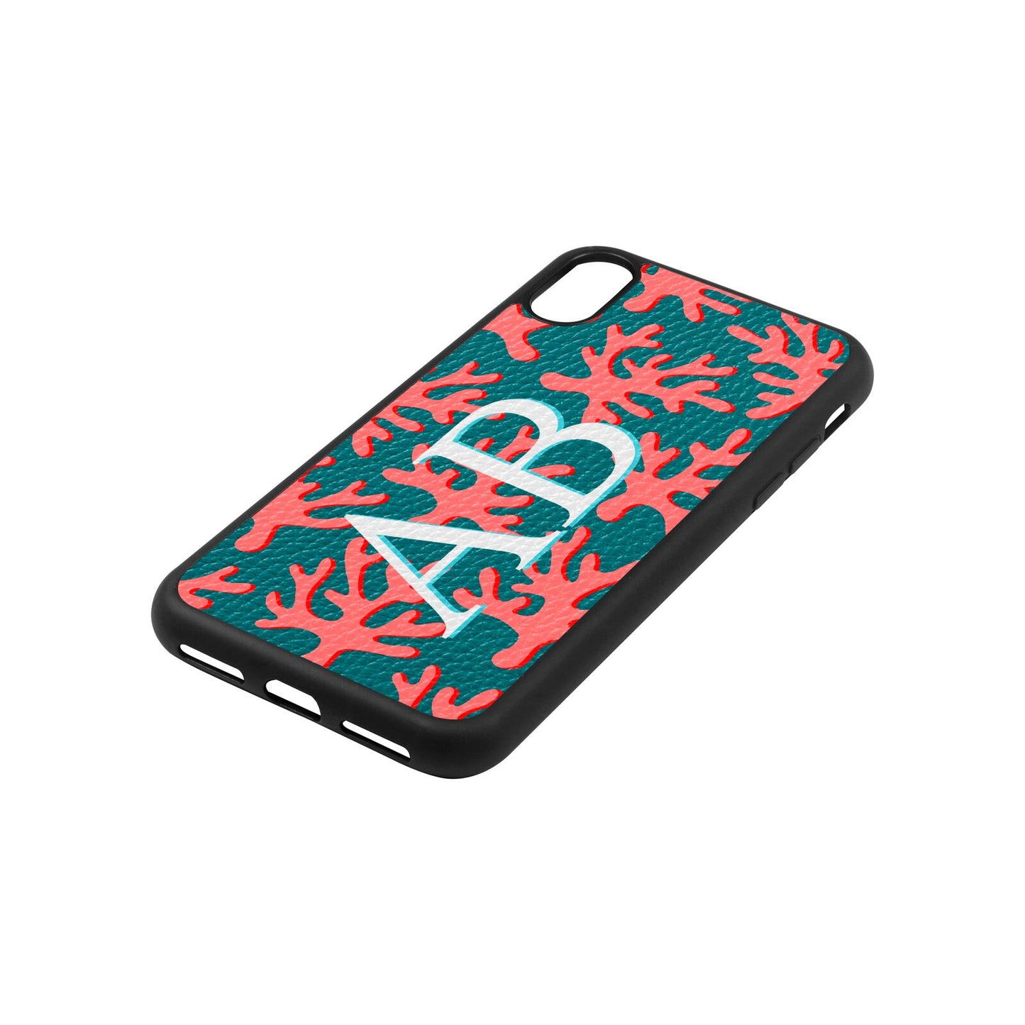 Custom Coral Initials Green Pebble Leather iPhone Xs Case Side Angle