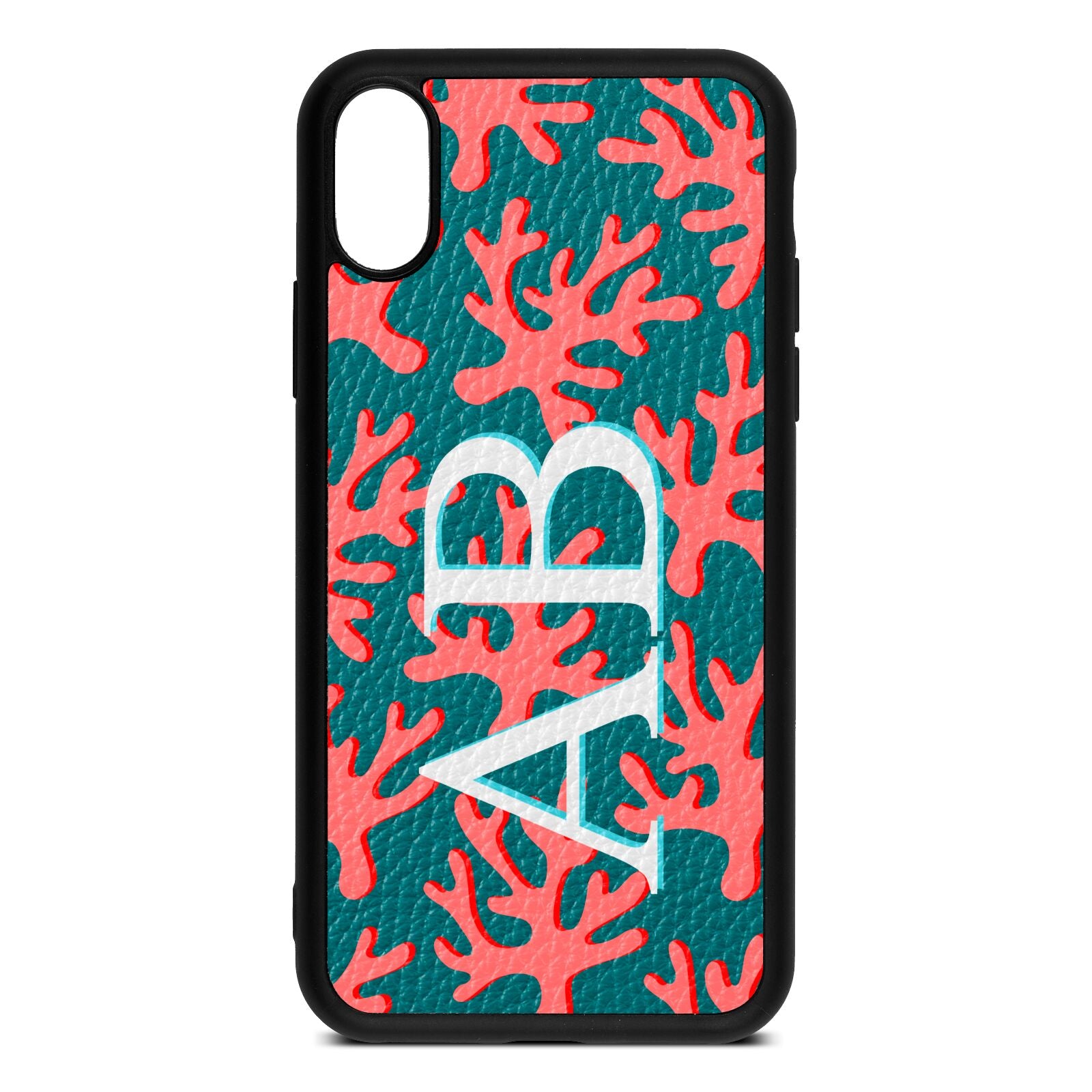 Custom Coral Initials Green Pebble Leather iPhone Xs Case