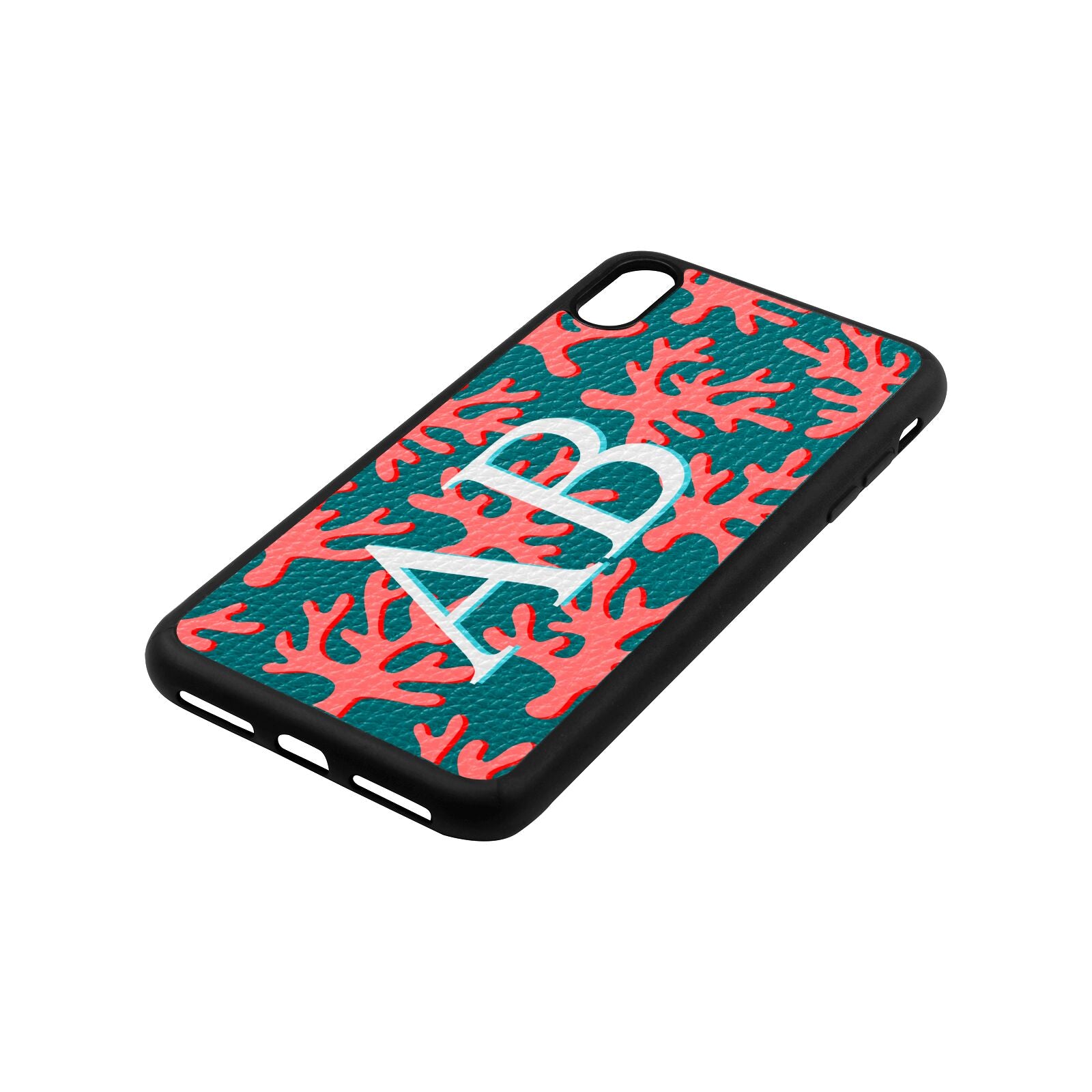 Custom Coral Initials Green Pebble Leather iPhone Xs Max Case Side Angle