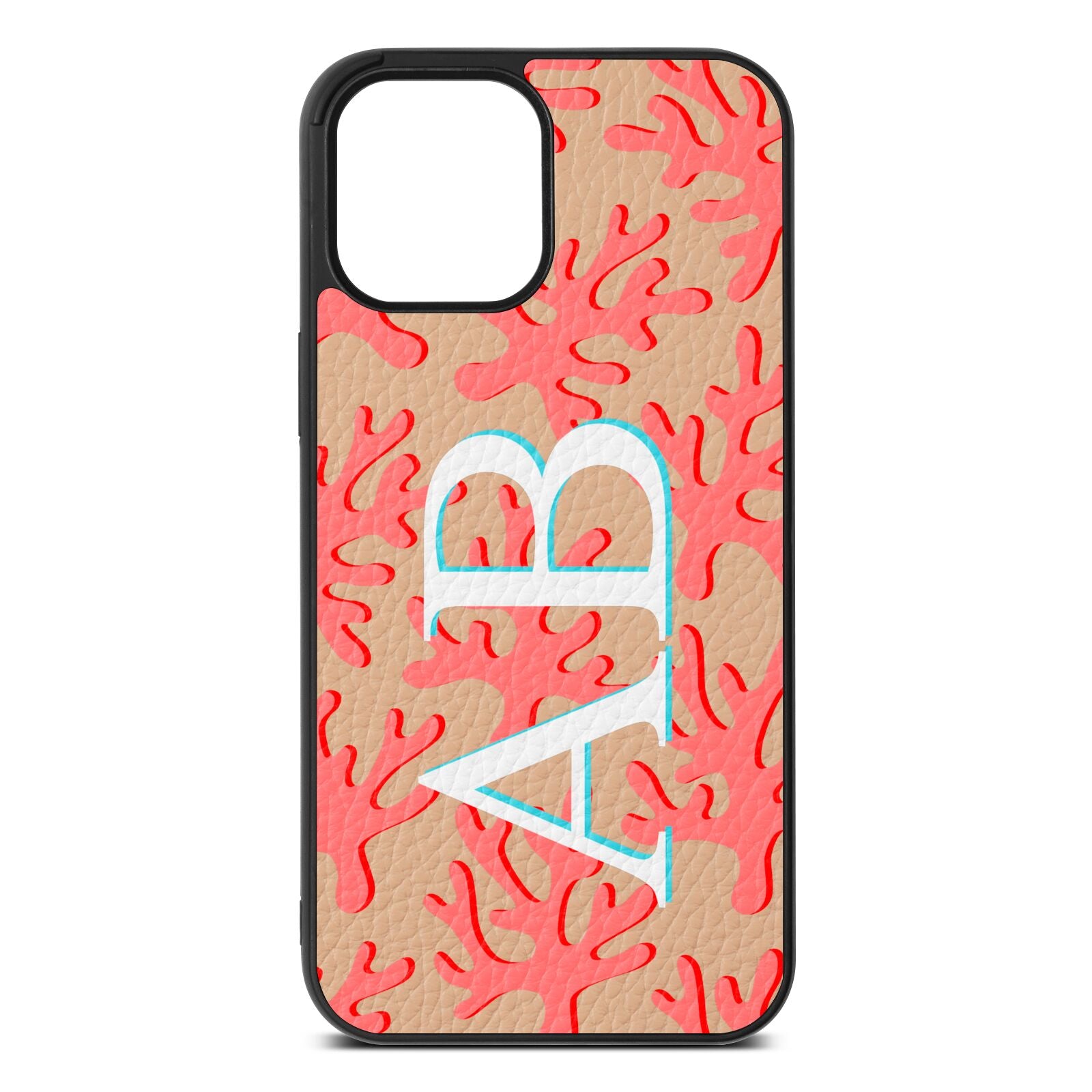Custom Coral Initials Nude Pebble Leather iPhone 12 Pro Max Case