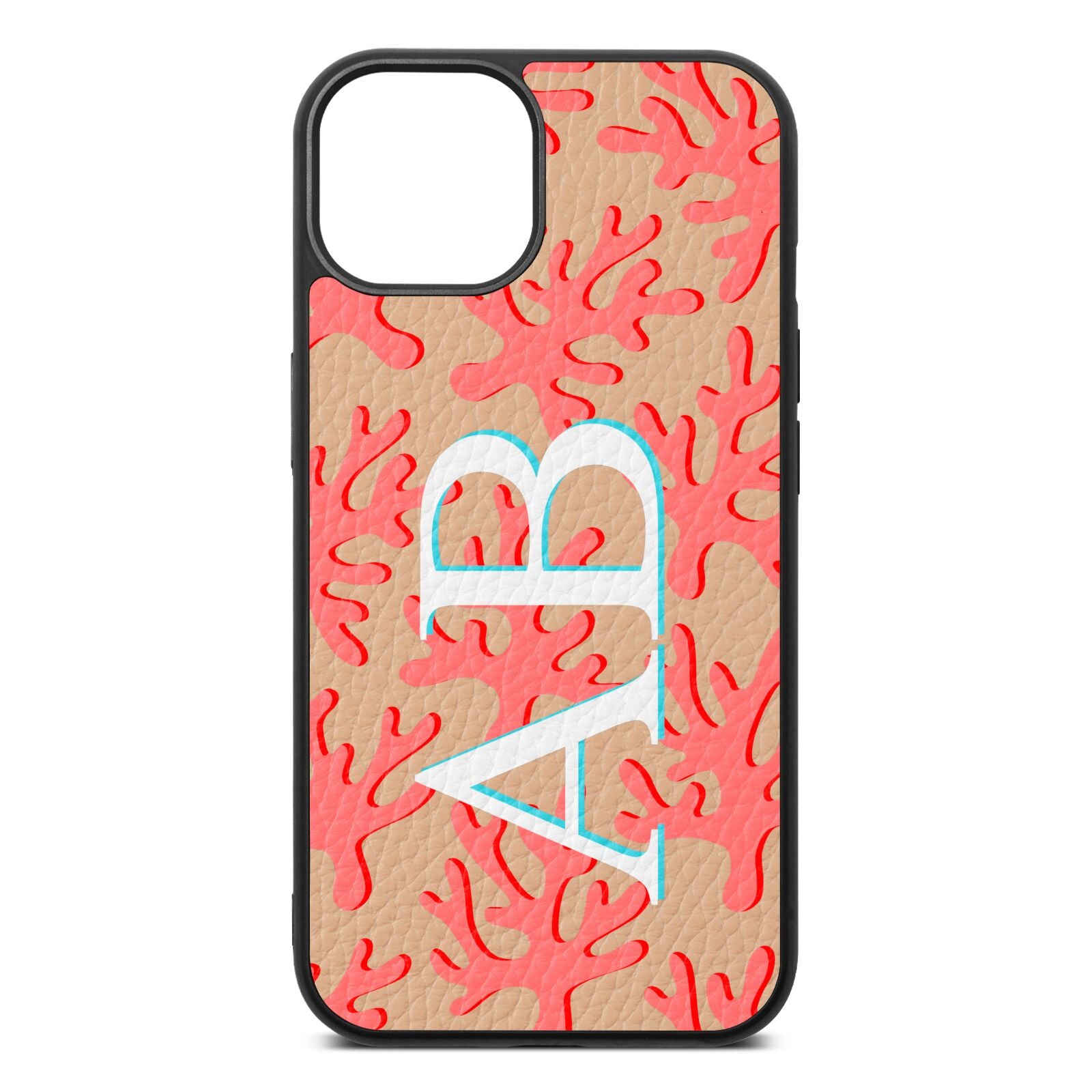 Custom Coral Initials Nude Pebble Leather iPhone 13 Case
