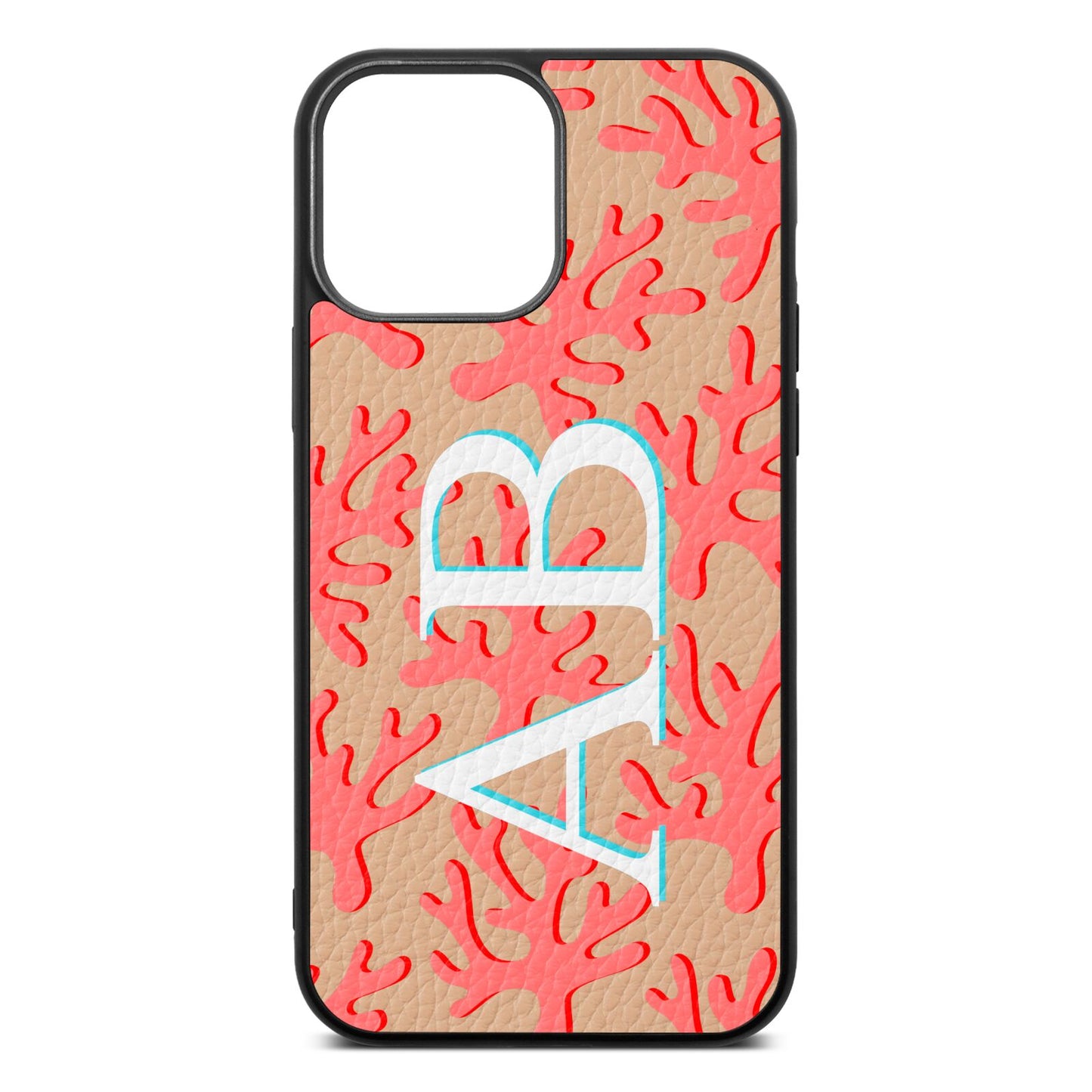 Custom Coral Initials Nude Pebble Leather iPhone 13 Pro Max Case