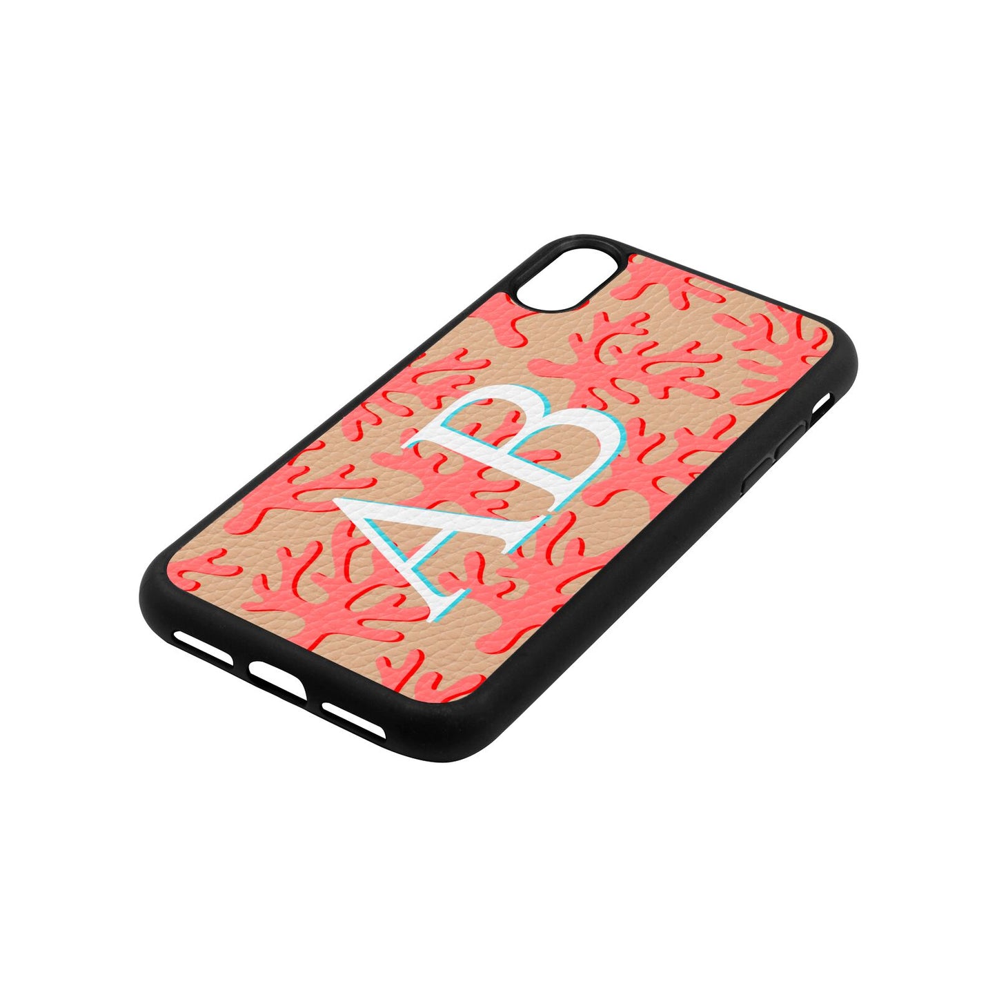 Custom Coral Initials Nude Pebble Leather iPhone Xr Case Side Angle