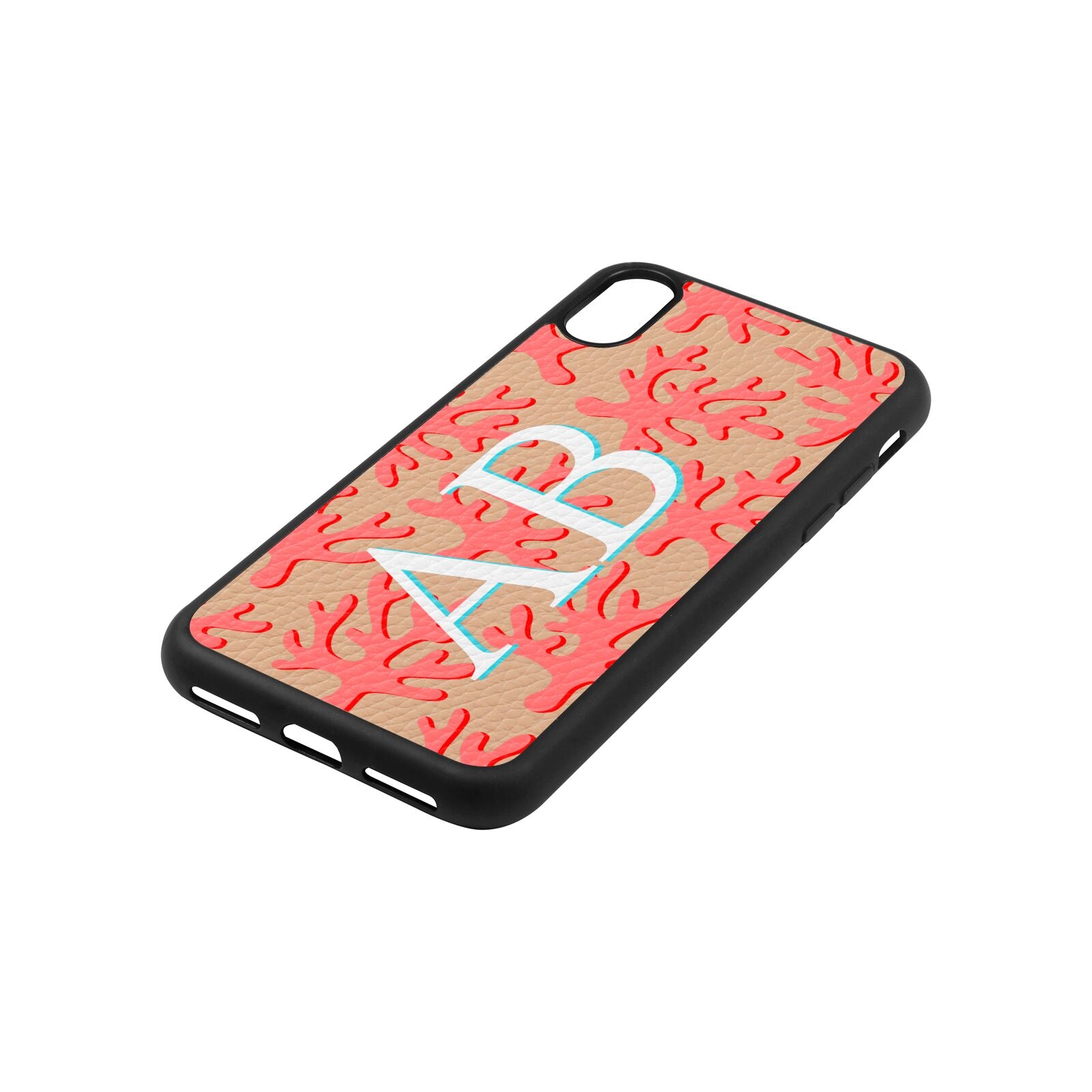 Custom Coral Initials Nude Pebble Leather iPhone Xs Case Side Angle