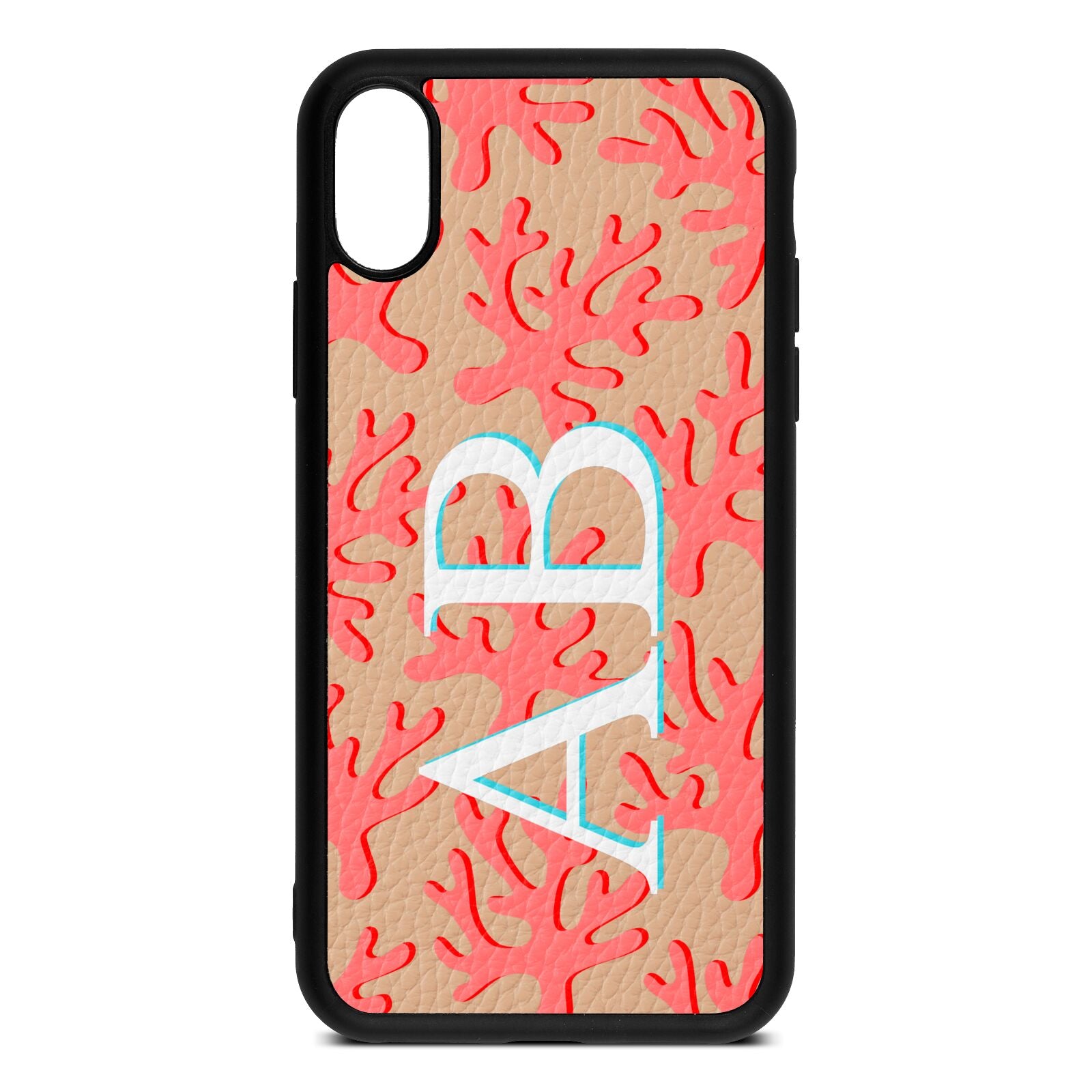 Custom Coral Initials Nude Pebble Leather iPhone Xs Case