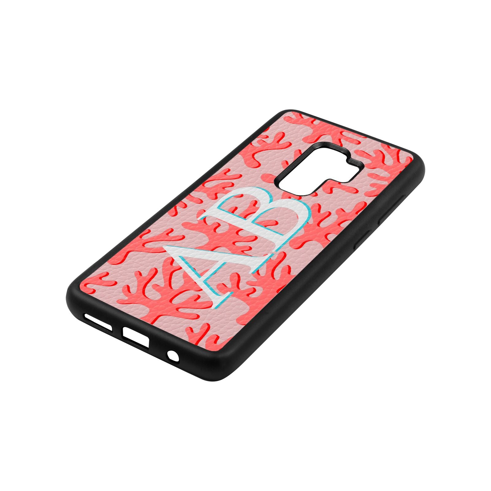 Custom Coral Initials Pink Pebble Leather Samsung S9 Plus Case Side Angle