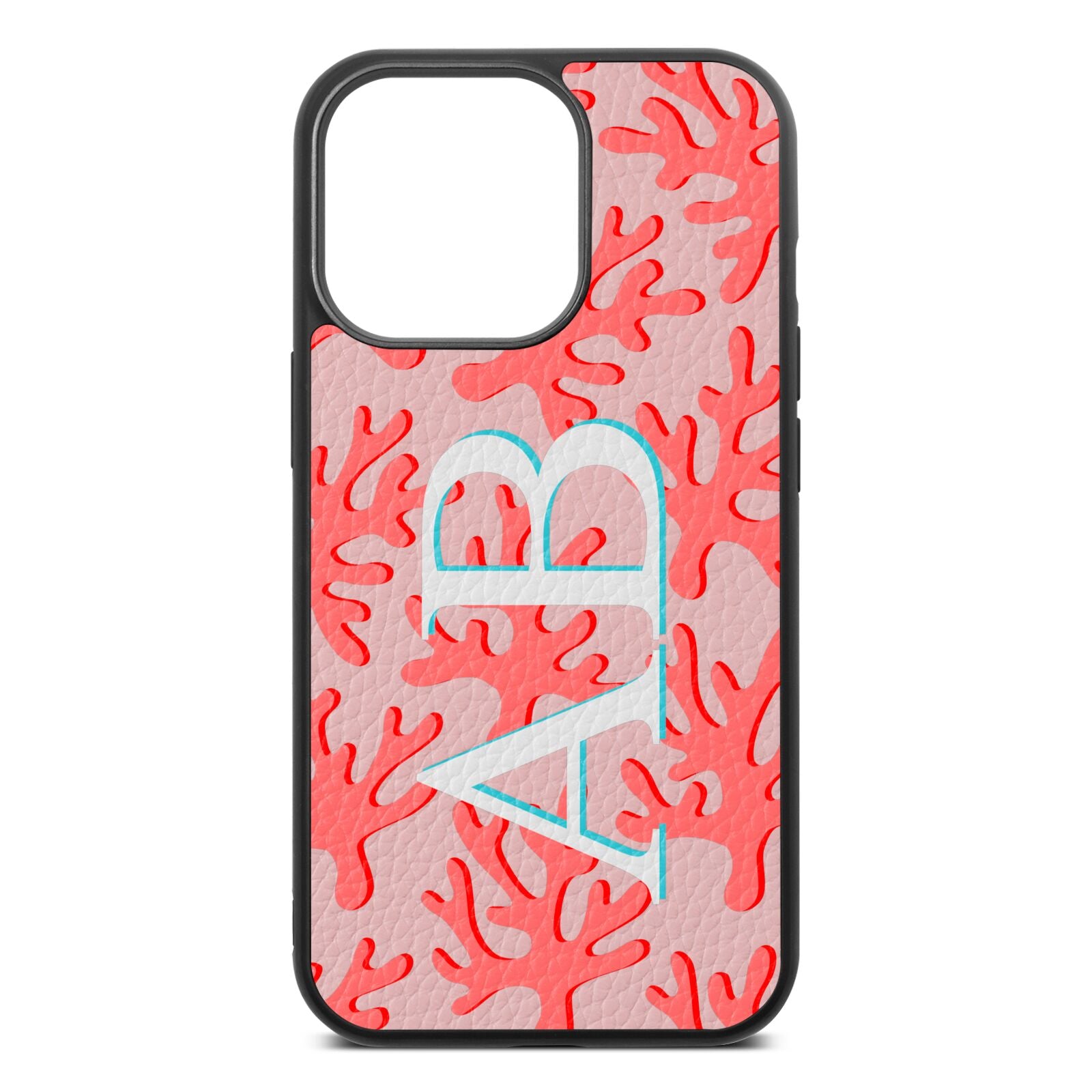 Custom Coral Initials Pink Pebble Leather iPhone 13 Pro Case
