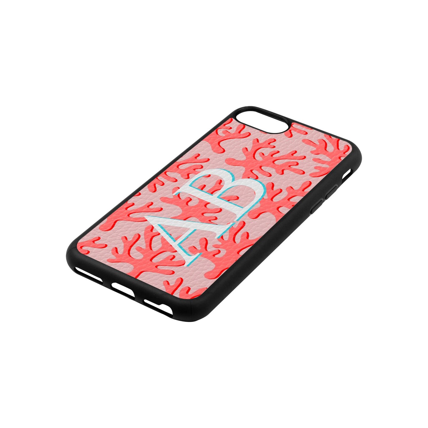 Custom Coral Initials Pink Pebble Leather iPhone 8 Case Side Angle