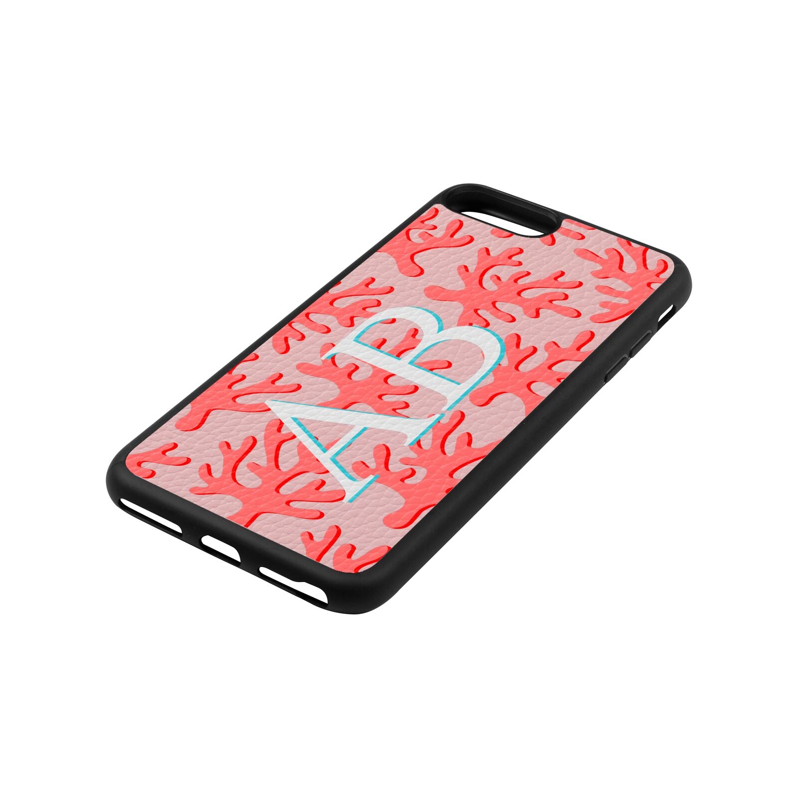 Custom Coral Initials Pink Pebble Leather iPhone 8 Plus Case Side Angle