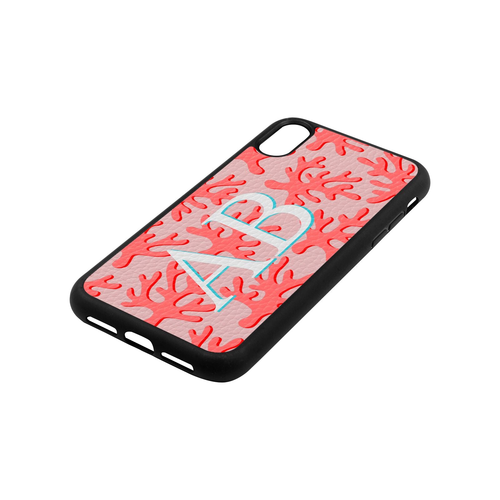 Custom Coral Initials Pink Pebble Leather iPhone Xr Case Side Angle