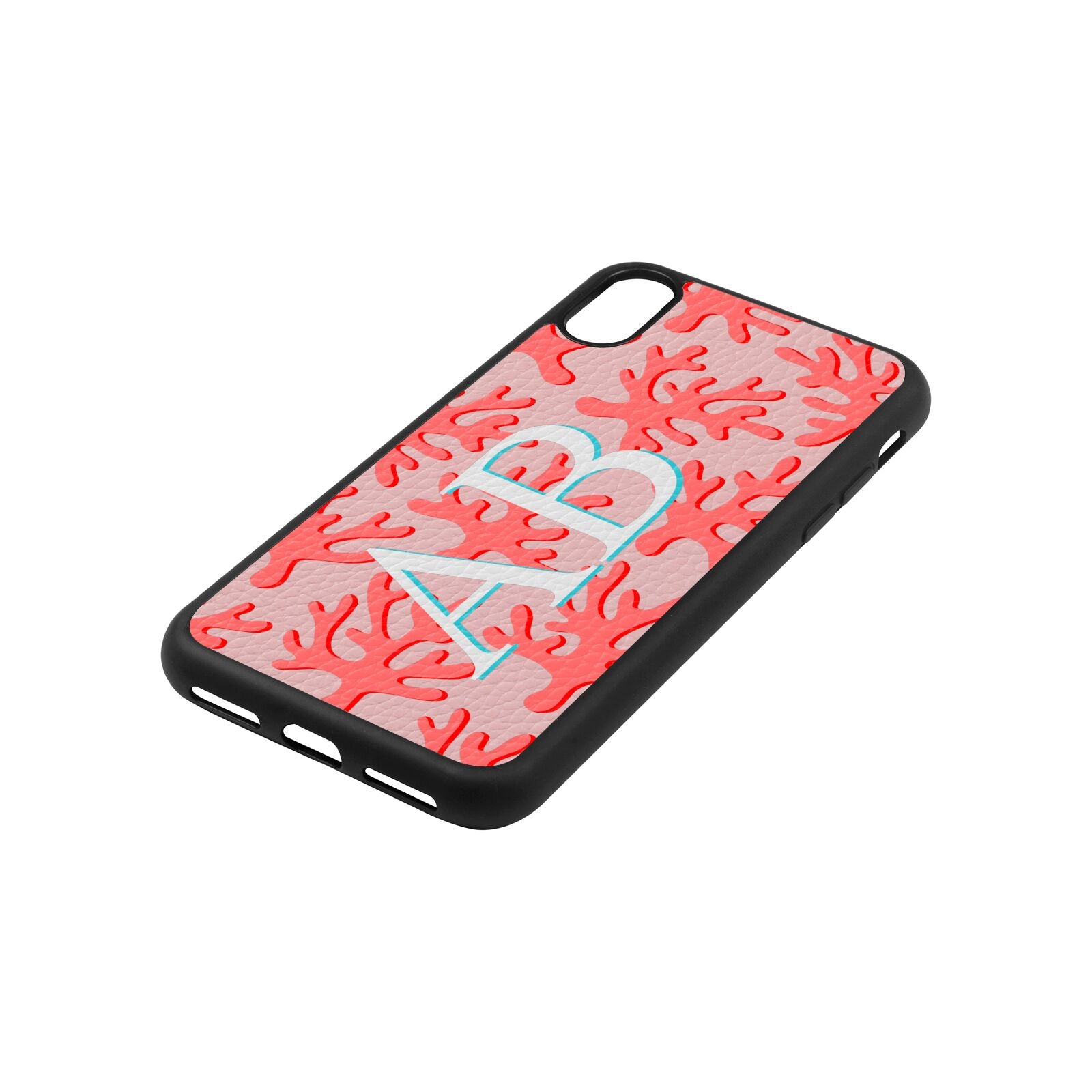 Custom Coral Initials Pink Pebble Leather iPhone Xs Case Side Angle
