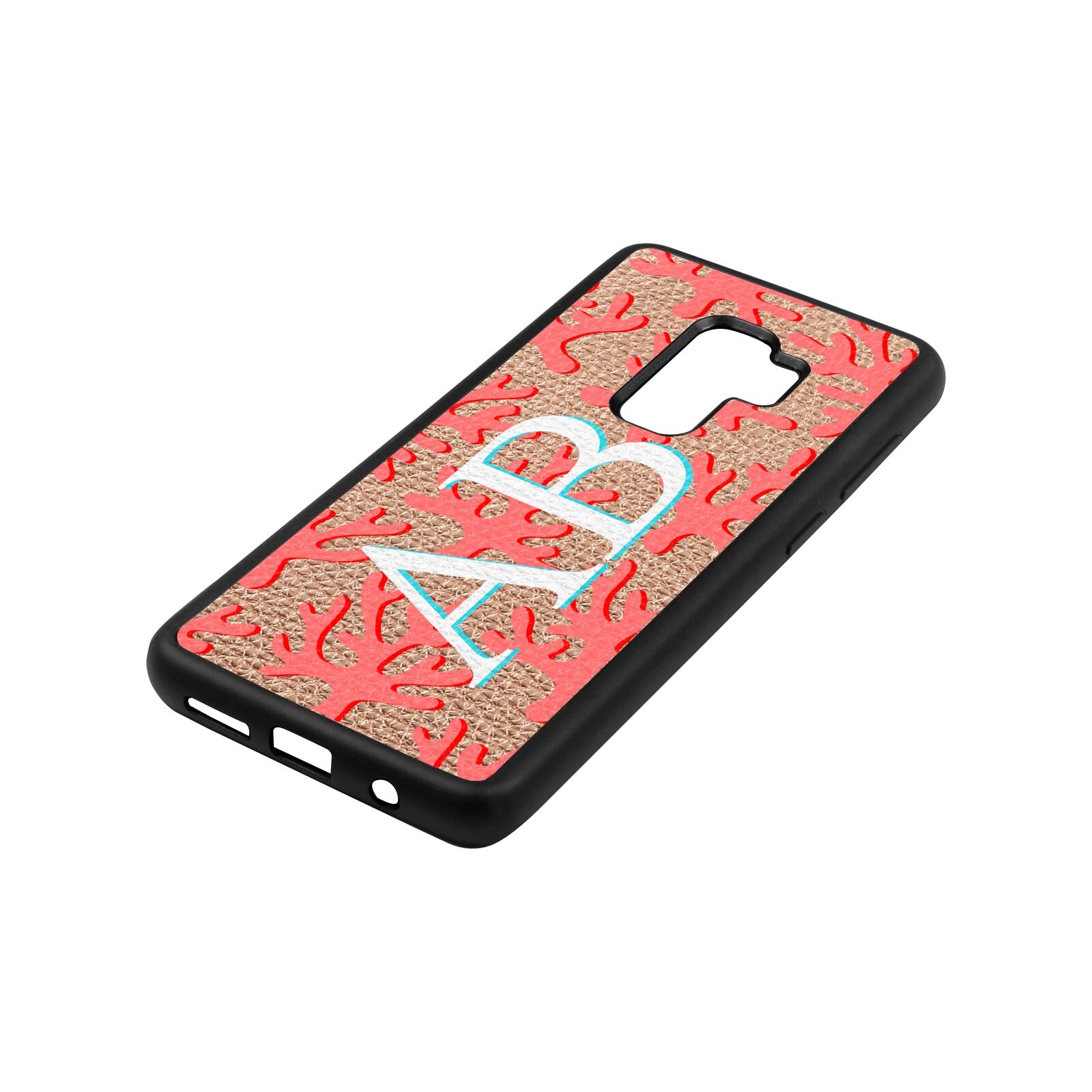 Custom Coral Initials Rose Gold Pebble Leather Samsung S9 Plus Case Side Angle