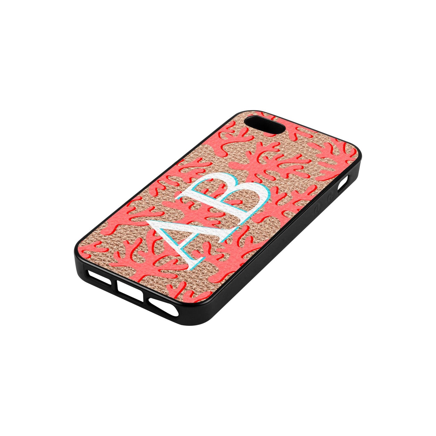 Custom Coral Initials Rose Gold Pebble Leather iPhone 5 Case Side Angle