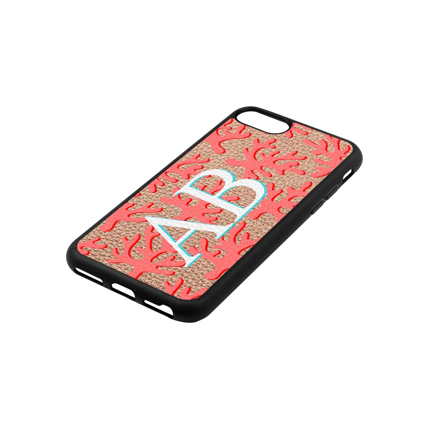 Custom Coral Initials Rose Gold Pebble Leather iPhone 8 Case Side Angle