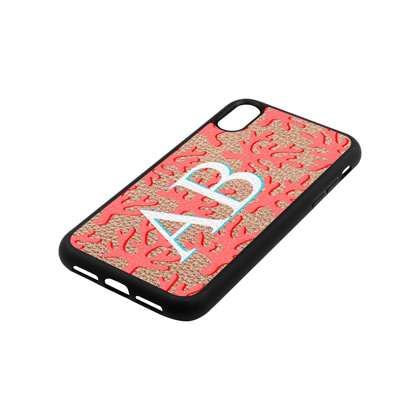 Custom Coral Initials Rose Gold Pebble Leather iPhone Xr Case Side Angle