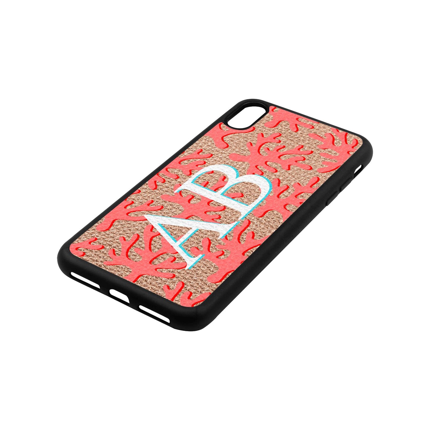 Custom Coral Initials Rose Gold Pebble Leather iPhone Xs Max Case Side Angle