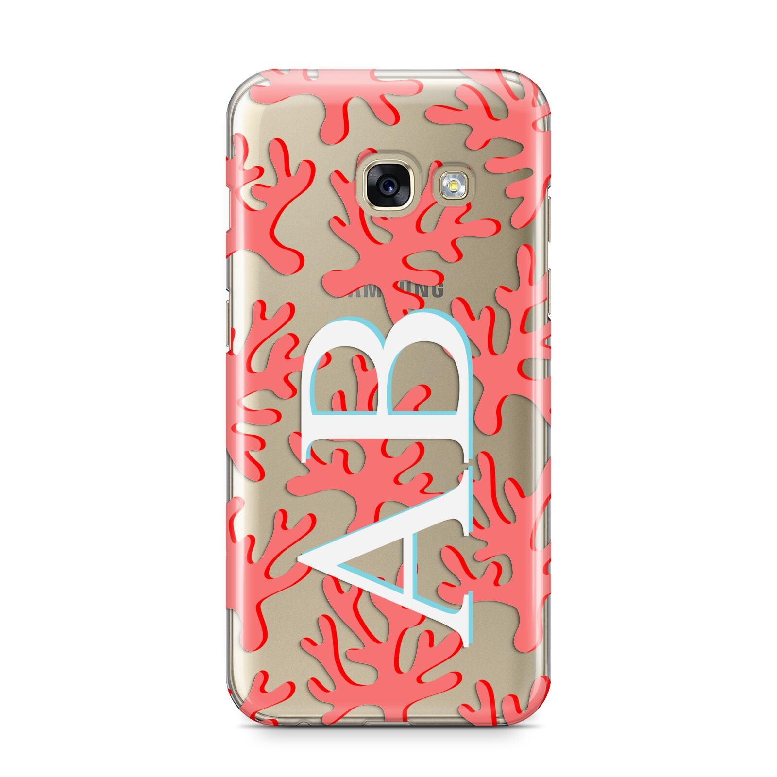 Custom Coral Initials Samsung Galaxy A3 2017 Case on gold phone