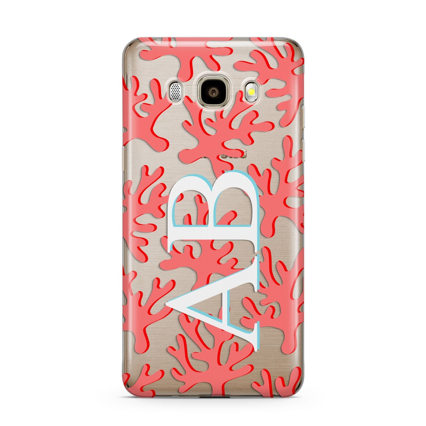 Custom Coral Initials Samsung Galaxy J7 2016 Case on gold phone