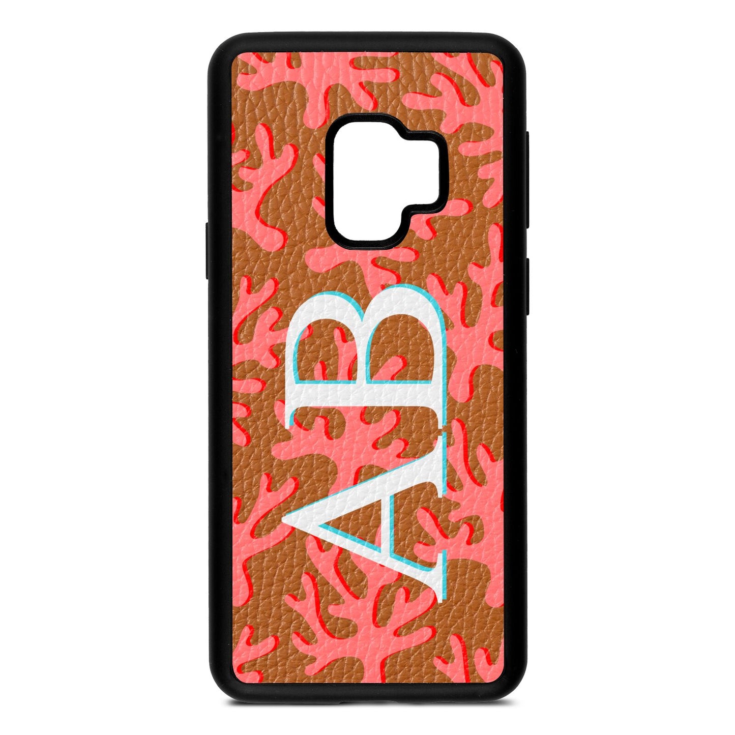 Custom Coral Initials Tan Pebble Leather Samsung S9 Case