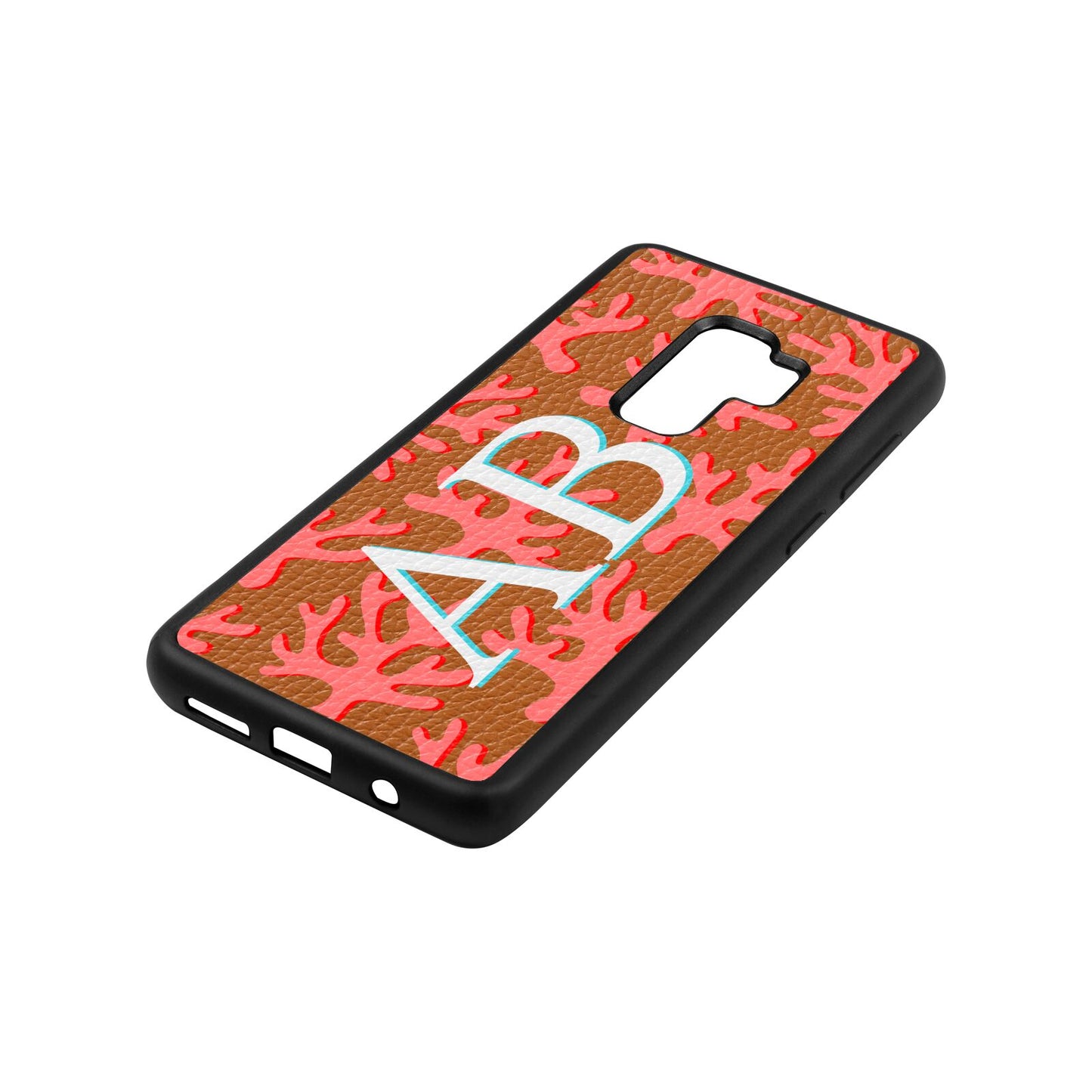 Custom Coral Initials Tan Pebble Leather Samsung S9 Plus Case Side Angle