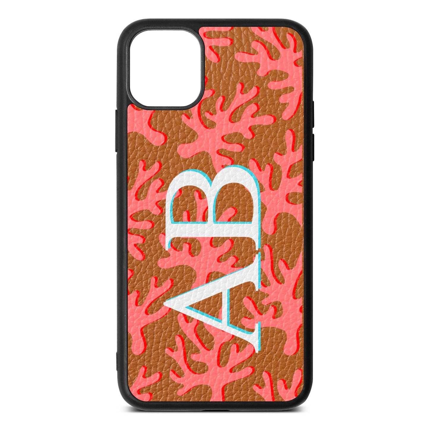 Custom Coral Initials Tan Pebble Leather iPhone 11 Pro Max Case