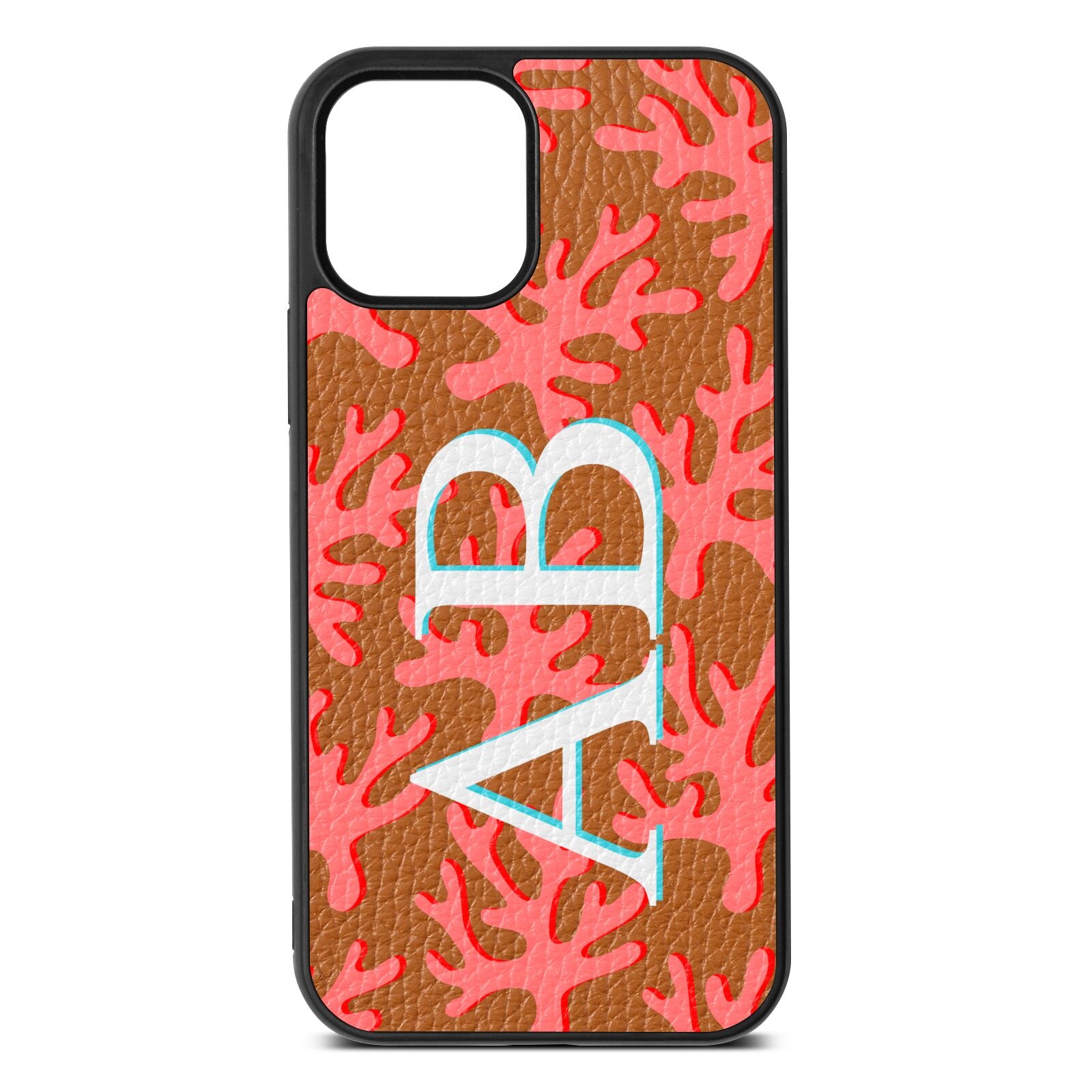 Custom Coral Initials Tan Pebble Leather iPhone 12 Case