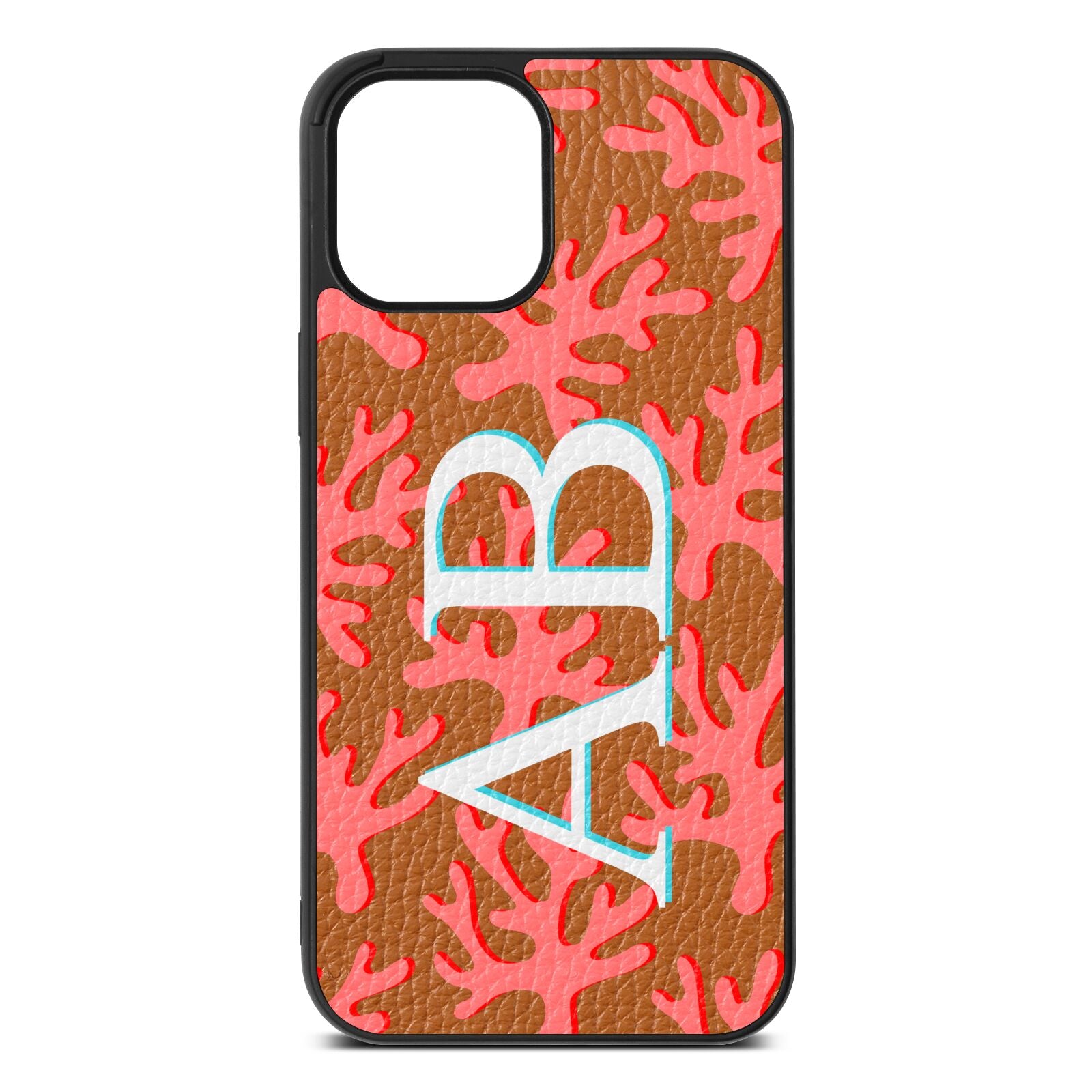 Custom Coral Initials Tan Pebble Leather iPhone 12 Pro Max Case