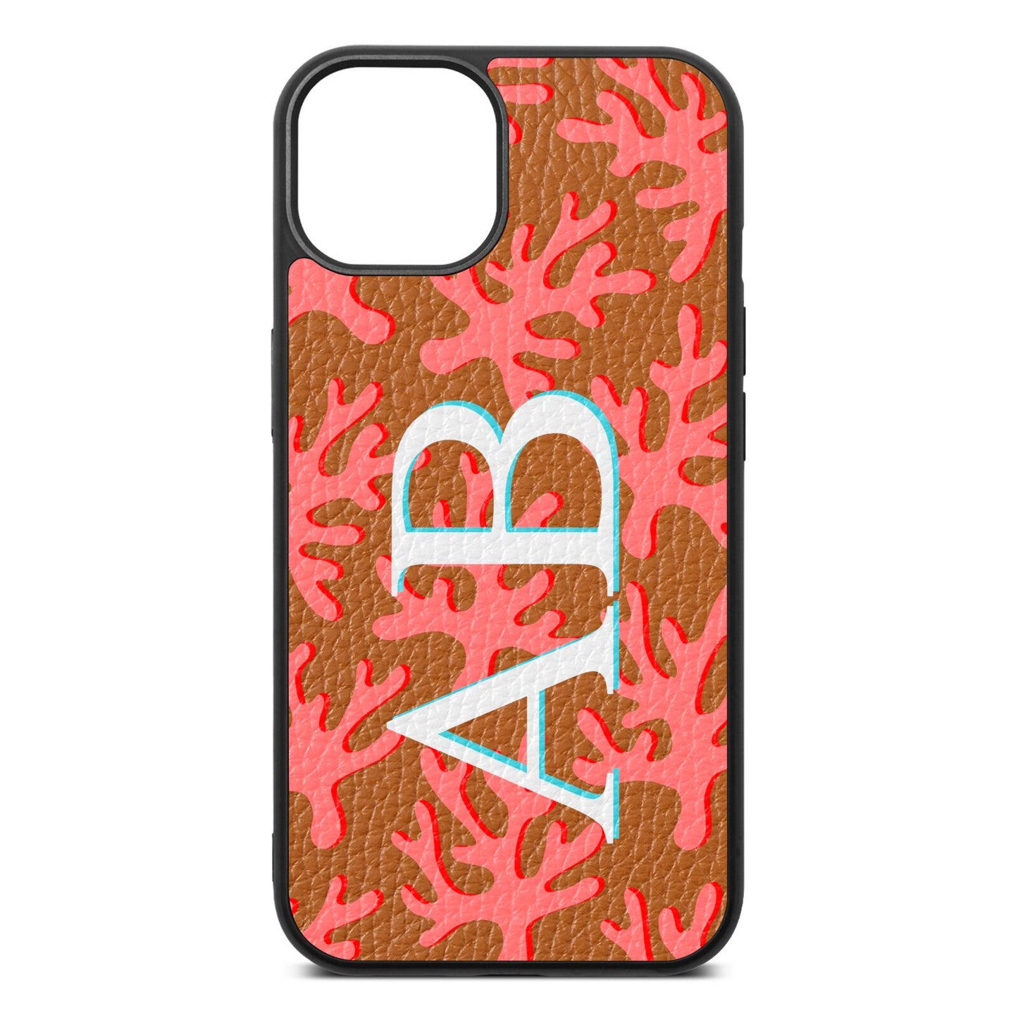Custom Coral Initials Tan Pebble Leather iPhone 13 Case