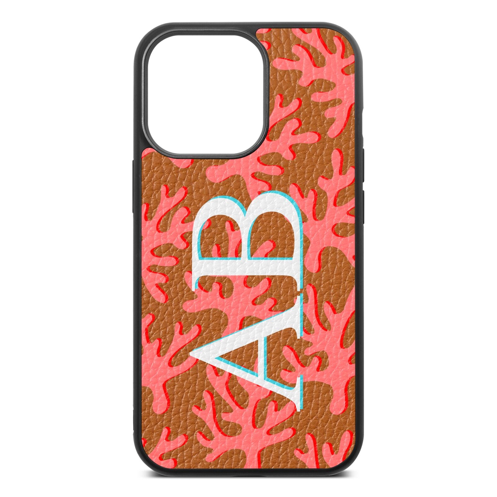 Custom Coral Initials Tan Pebble Leather iPhone 13 Pro Case