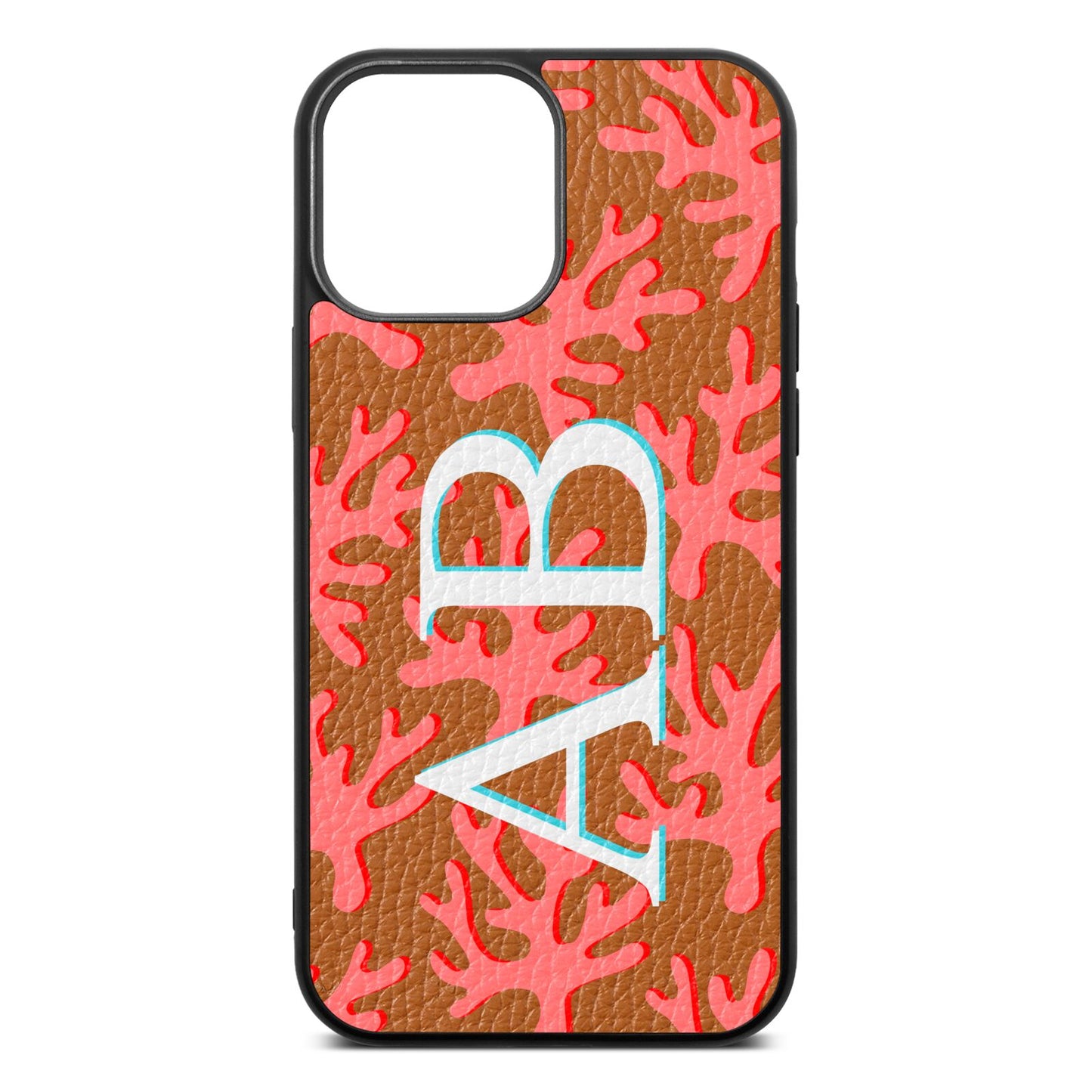 Custom Coral Initials Tan Pebble Leather iPhone 13 Pro Max Case