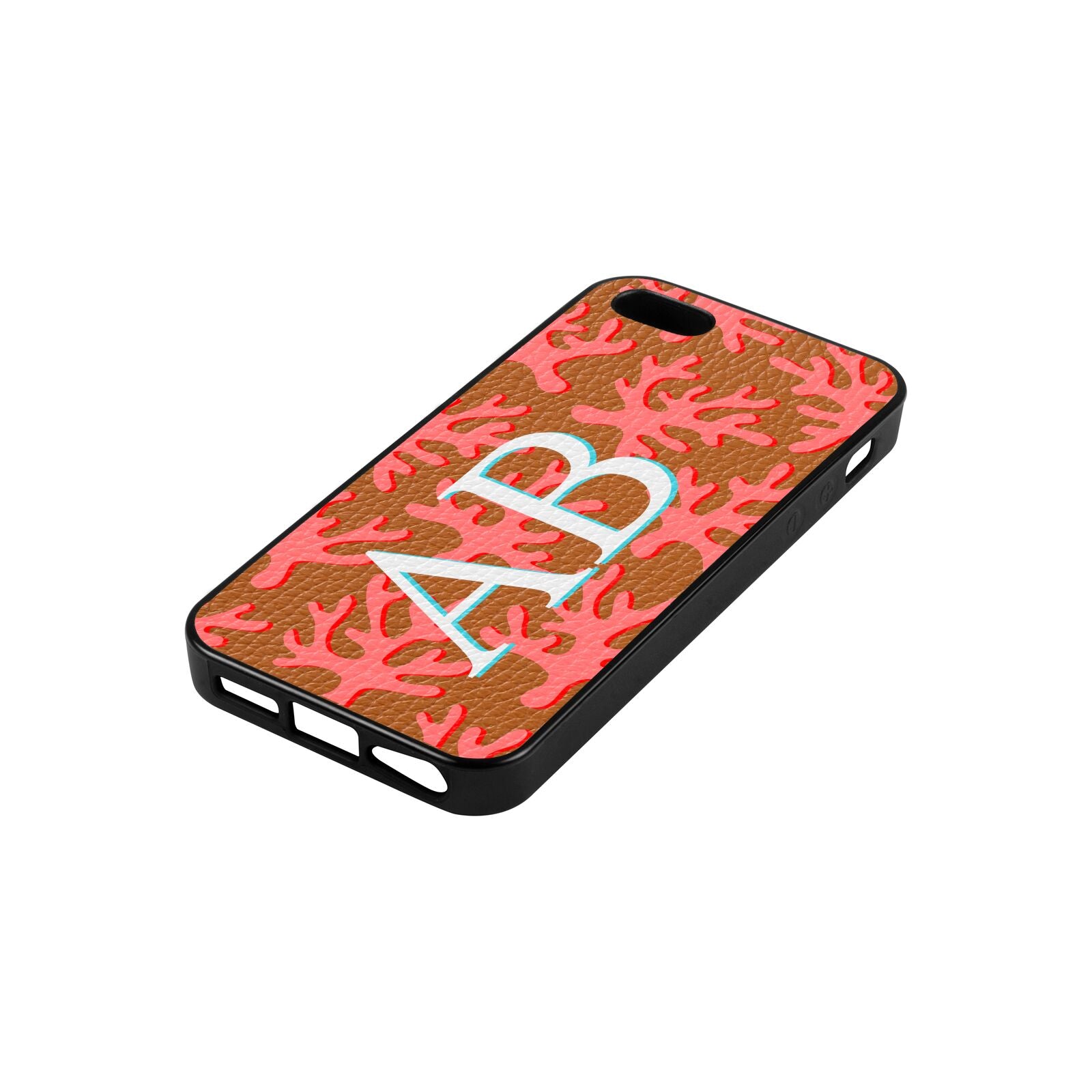 Custom Coral Initials Tan Pebble Leather iPhone 5 Case Side Angle