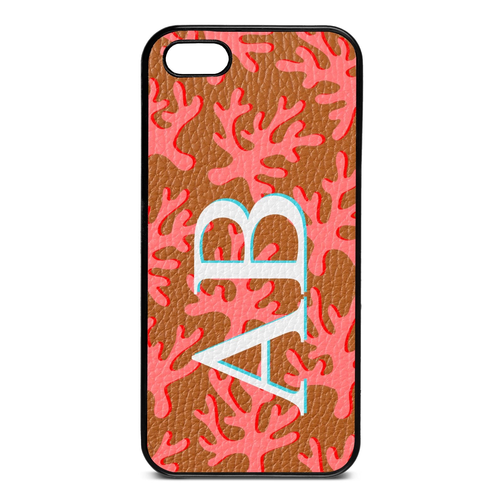 Custom Coral Initials Tan Pebble Leather iPhone 5 Case