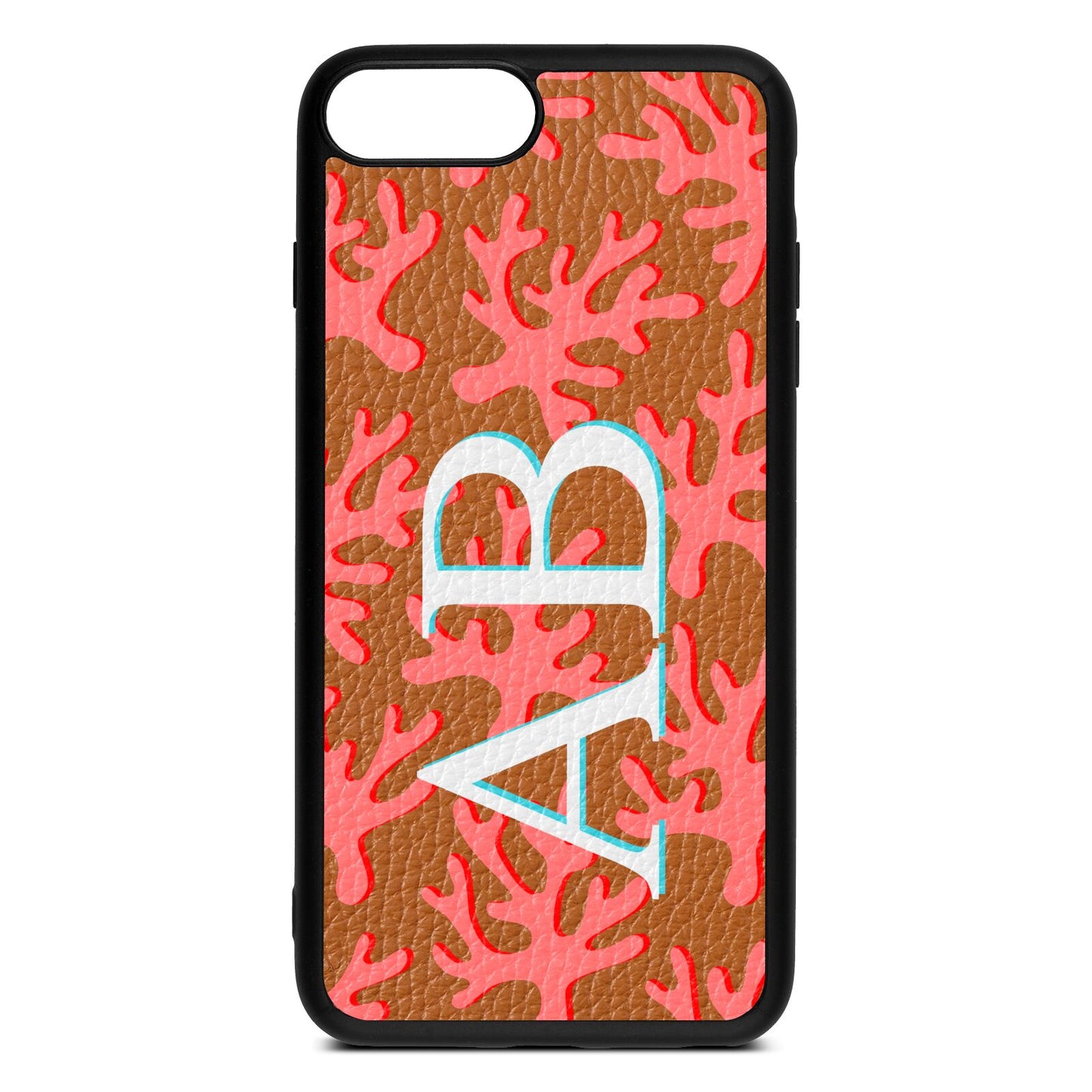 Custom Coral Initials Tan Pebble Leather iPhone 8 Plus Case