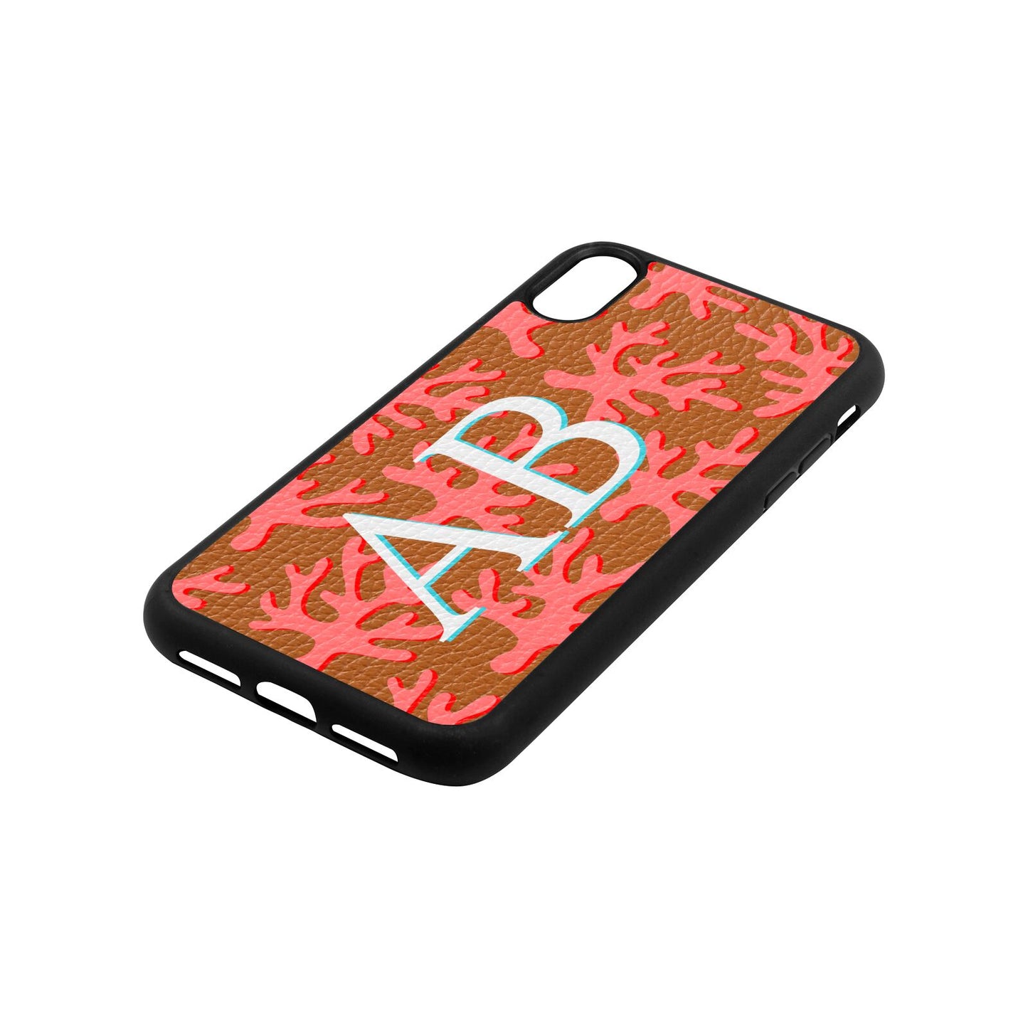 Custom Coral Initials Tan Pebble Leather iPhone Xr Case Side Angle
