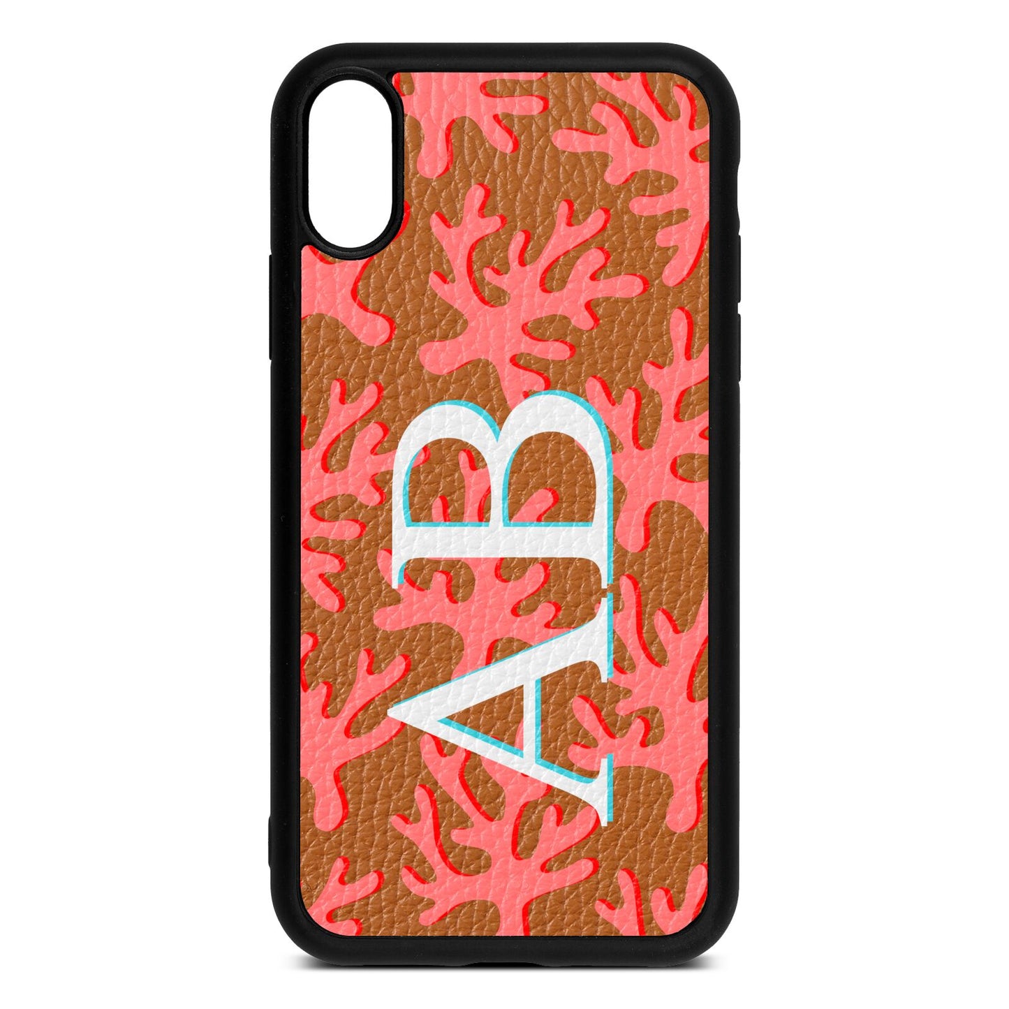 Custom Coral Initials Tan Pebble Leather iPhone Xr Case