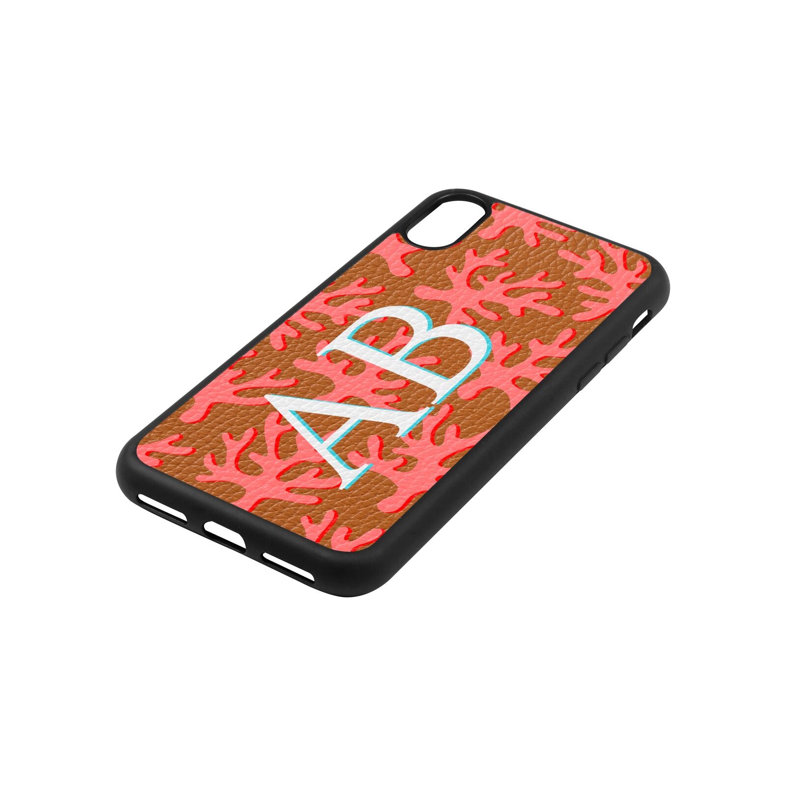 Custom Coral Initials Tan Pebble Leather iPhone Xs Case Side Angle