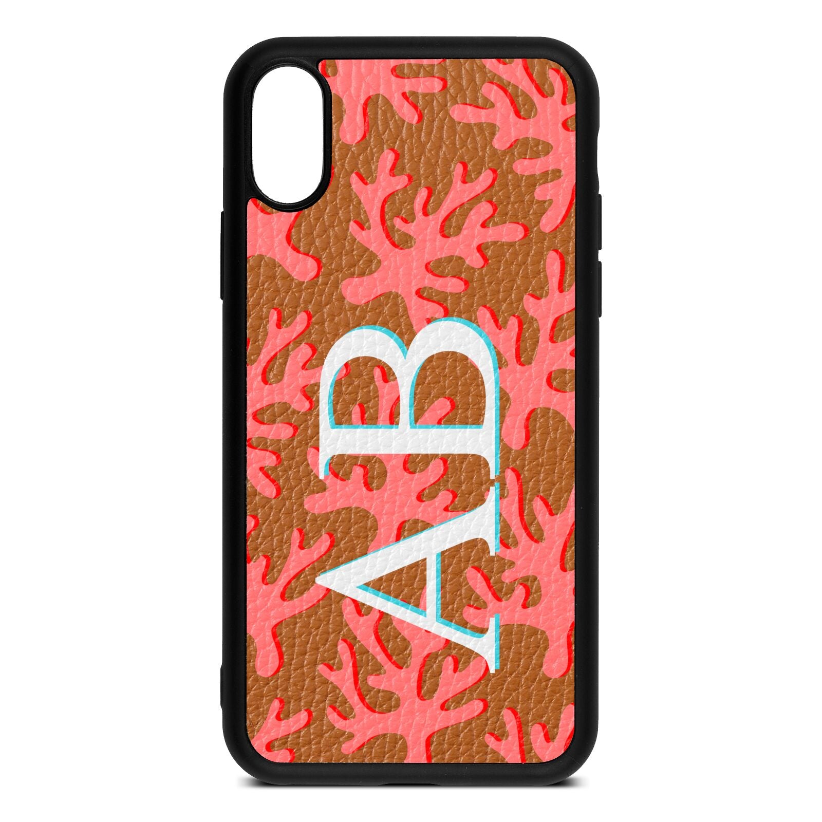 Custom Coral Initials Tan Pebble Leather iPhone Xs Case