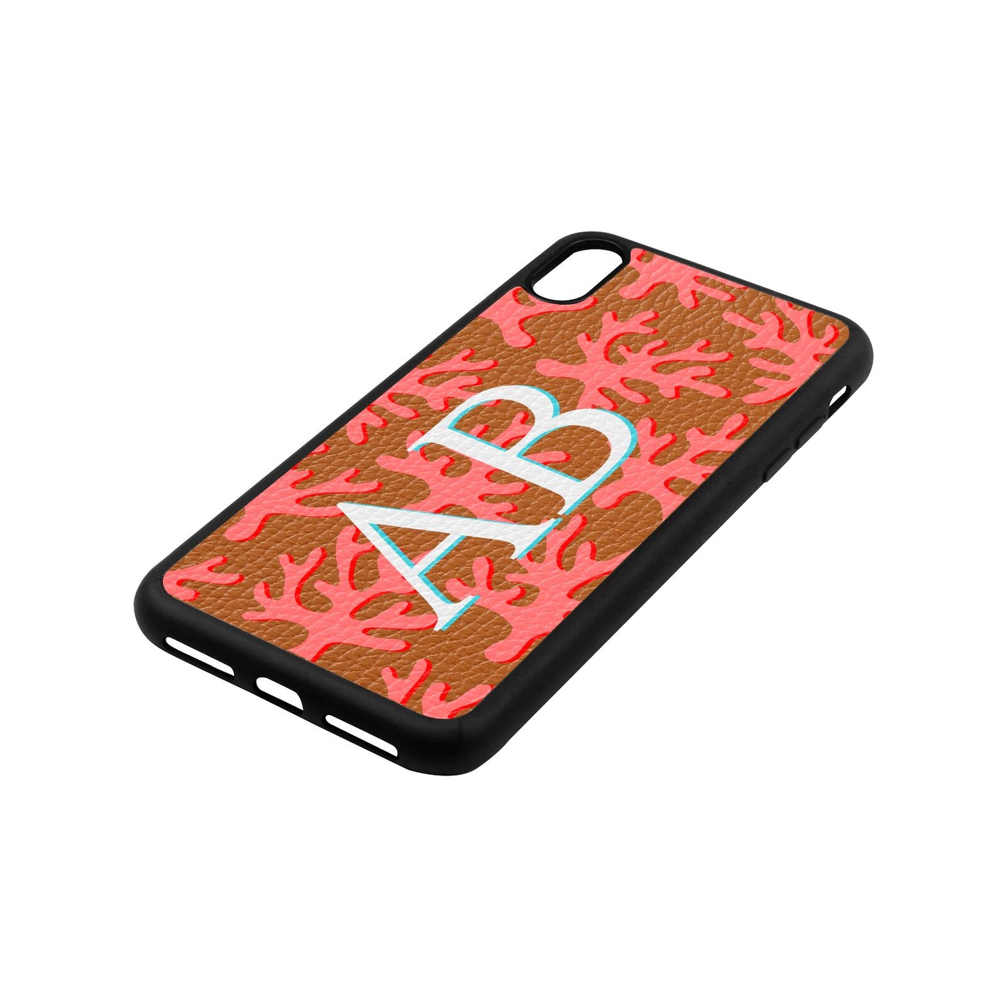 Custom Coral Initials Tan Pebble Leather iPhone Xs Max Case Side Angle