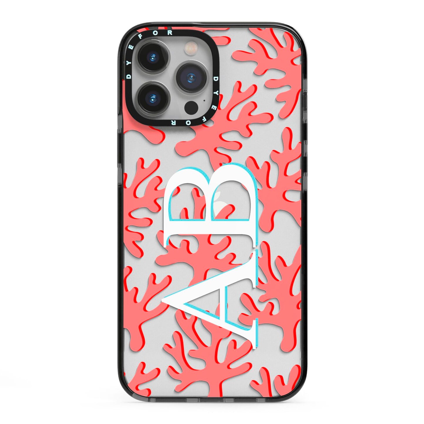 Custom Coral Initials iPhone 13 Pro Max Black Impact Case on Silver phone