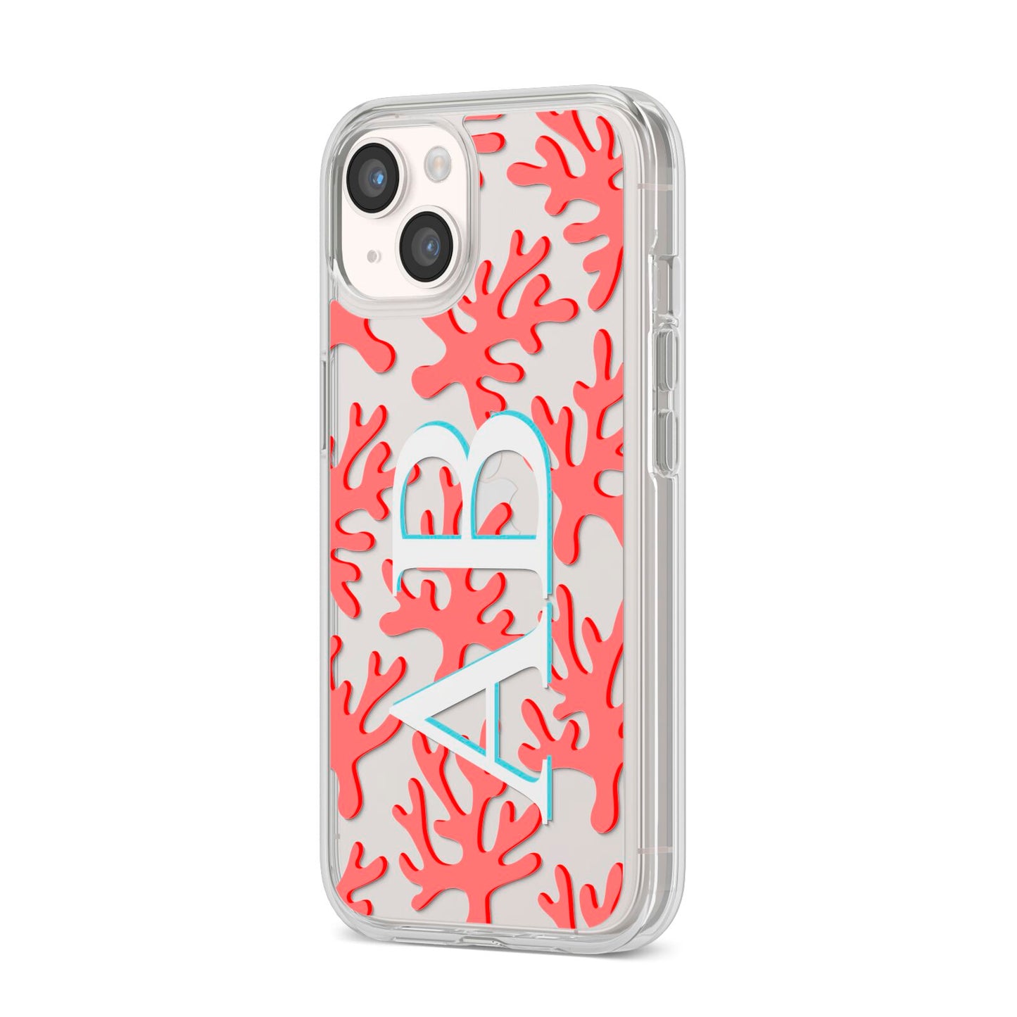 Custom Coral Initials iPhone 14 Clear Tough Case Starlight Angled Image