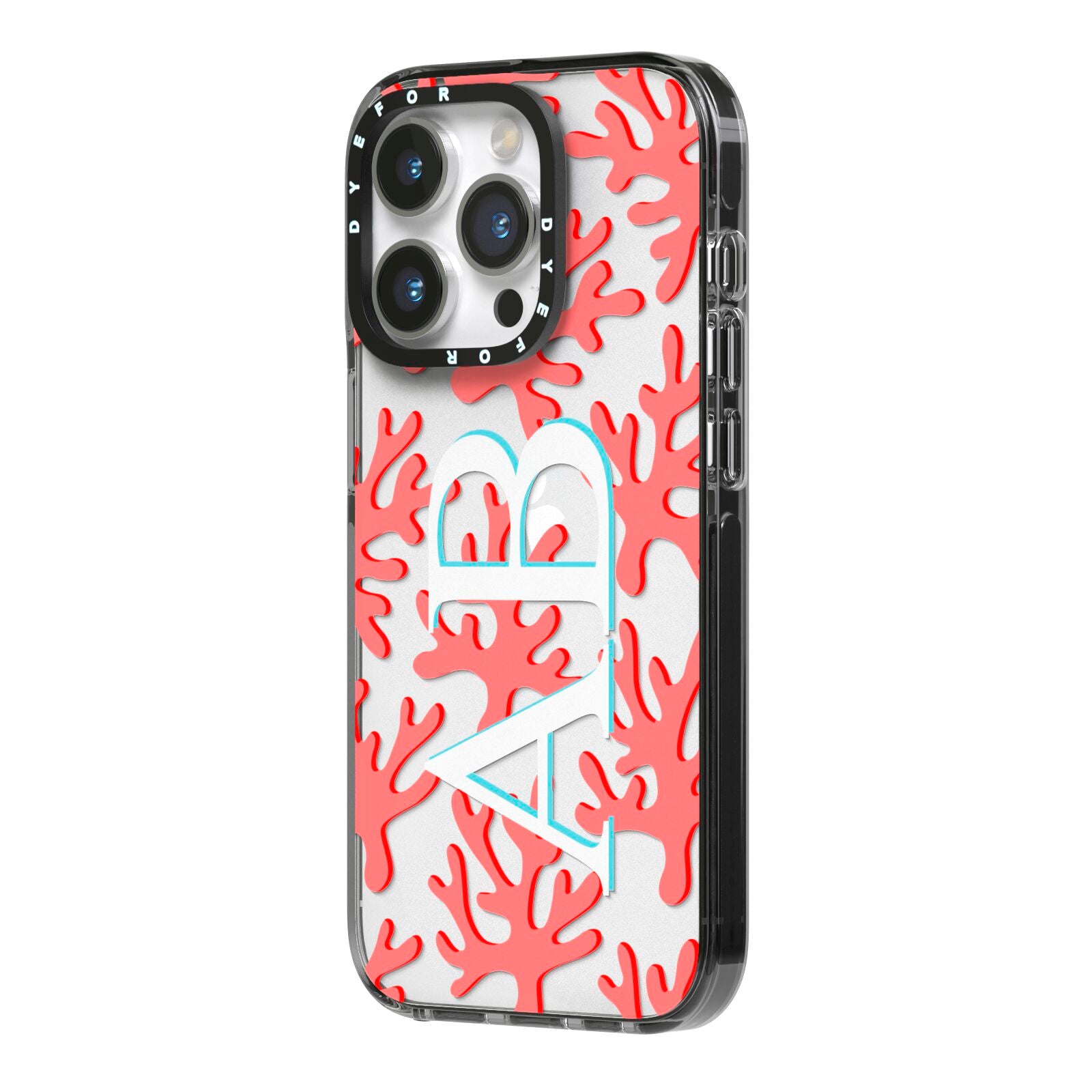Custom Coral Initials iPhone 14 Pro Black Impact Case Side Angle on Silver phone