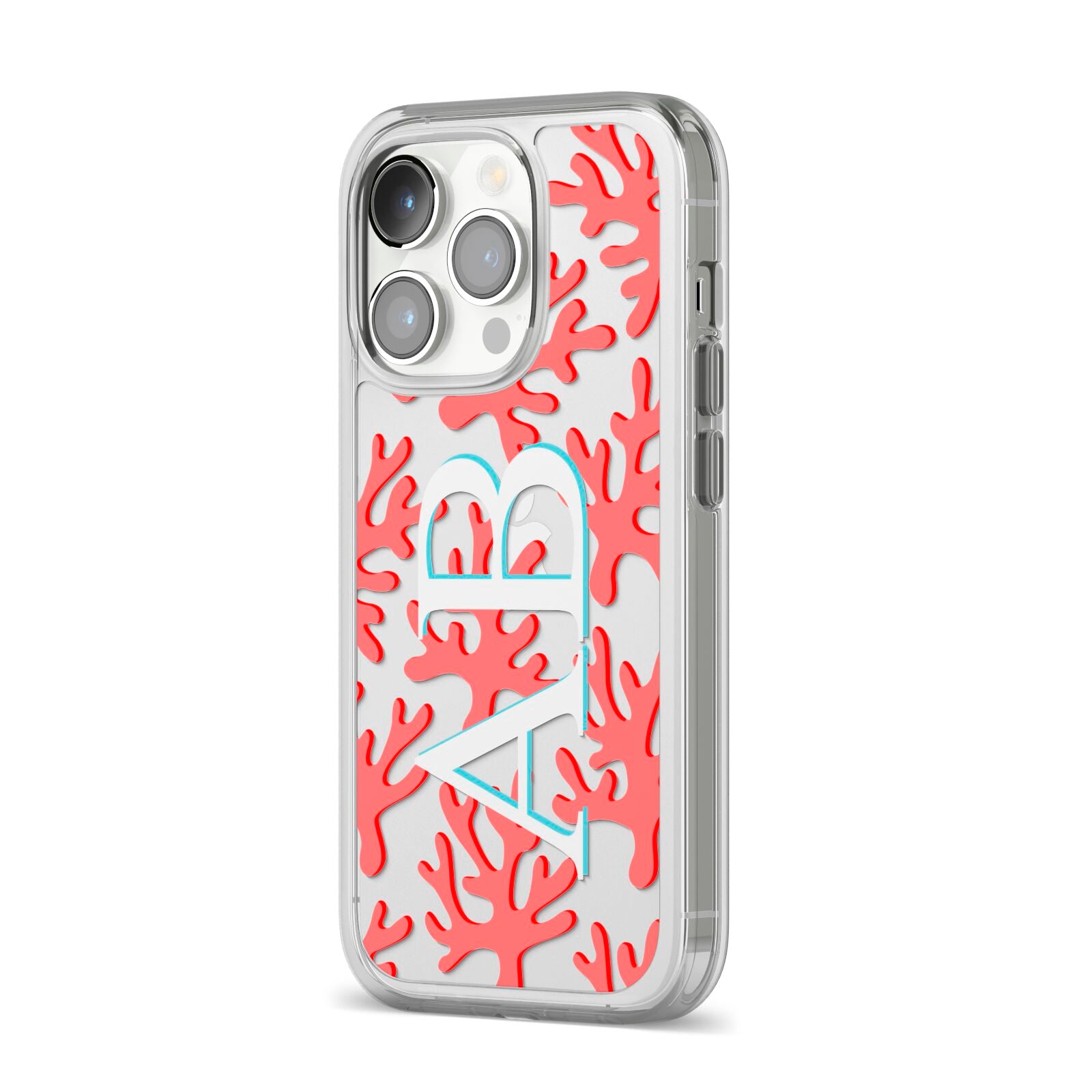 Custom Coral Initials iPhone 14 Pro Clear Tough Case Silver Angled Image