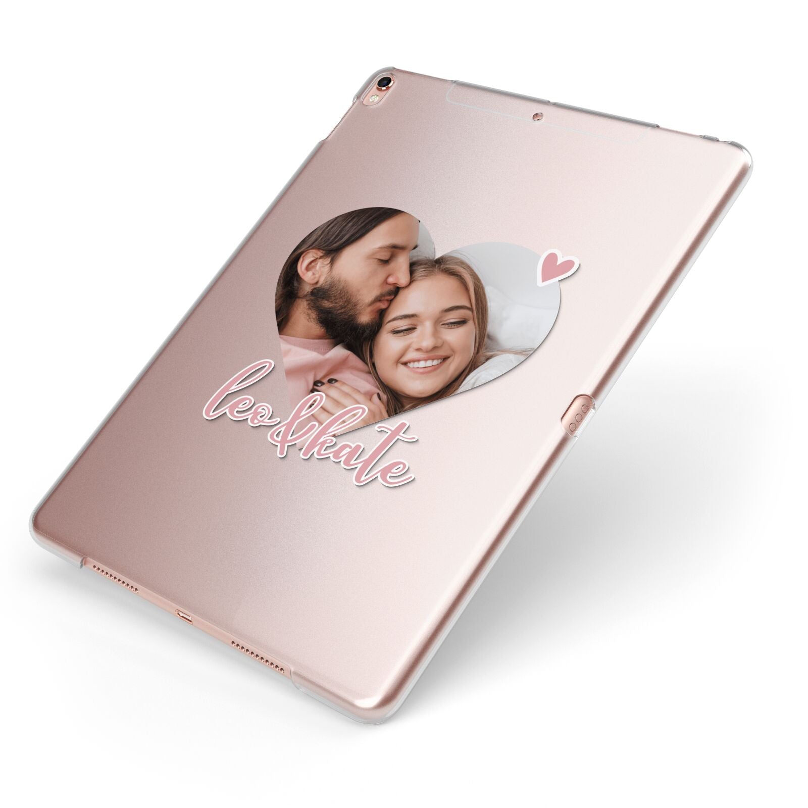 Custom Couples Photo Apple iPad Case on Rose Gold iPad Side View