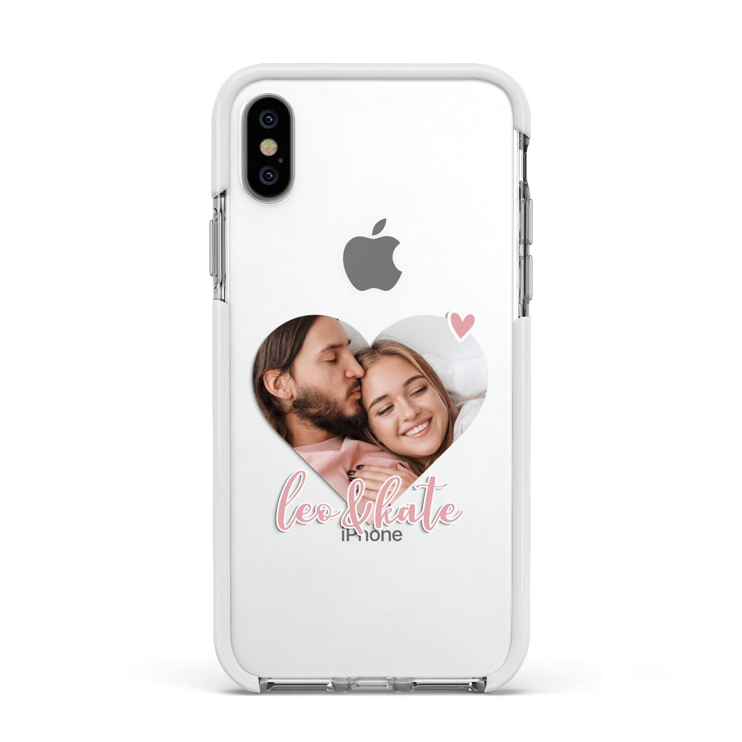 Custom Couples Photo Apple iPhone Xs Impact Case White Edge on Silver Phone
