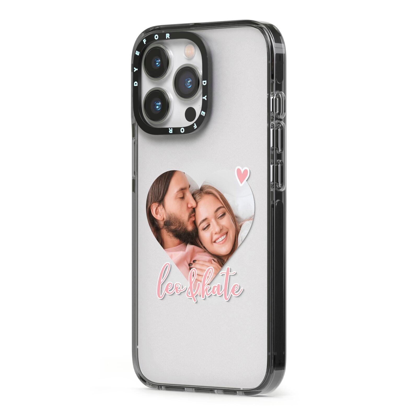 Custom Couples Photo iPhone 13 Pro Black Impact Case Side Angle on Silver phone