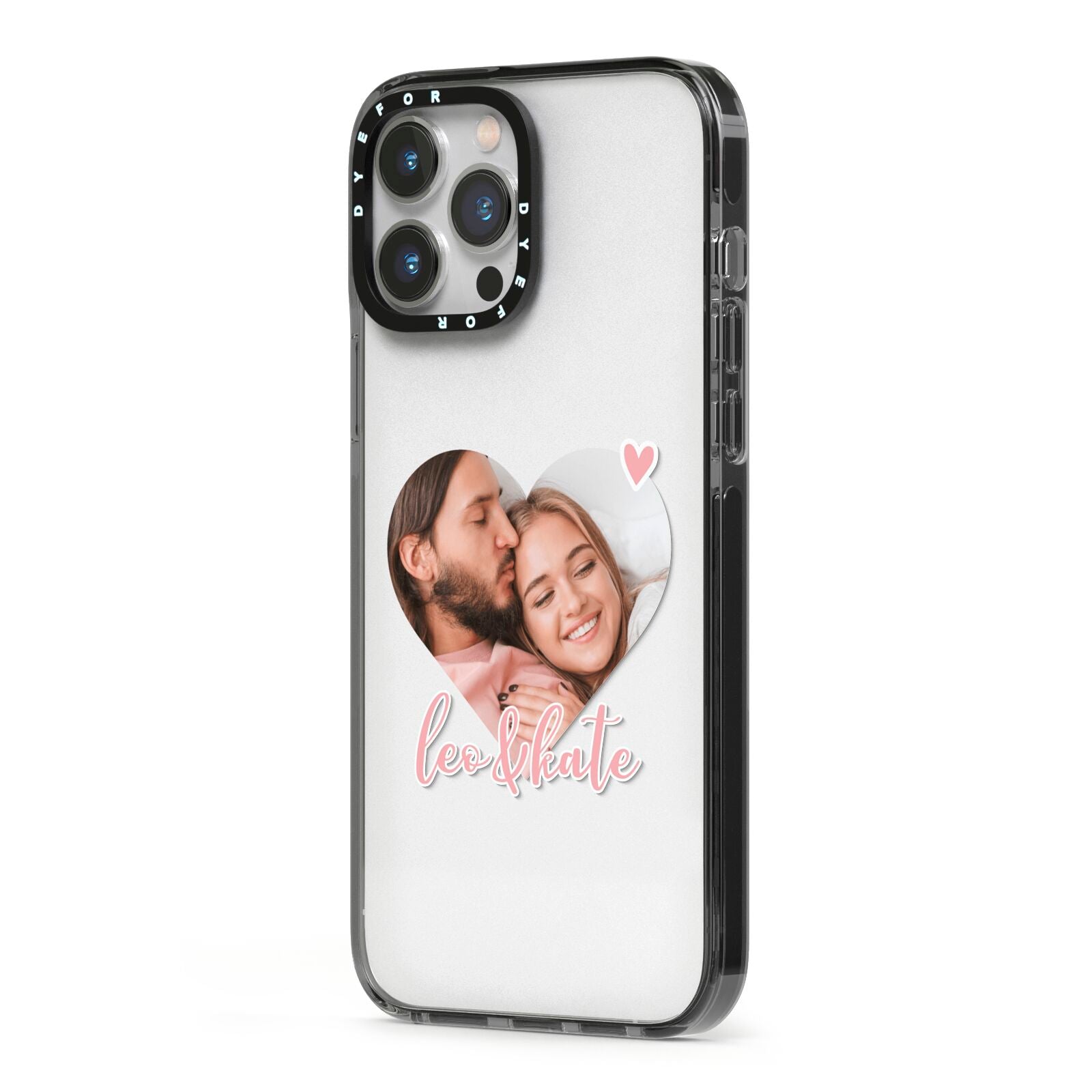 Custom Couples Photo iPhone 13 Pro Max Black Impact Case Side Angle on Silver phone