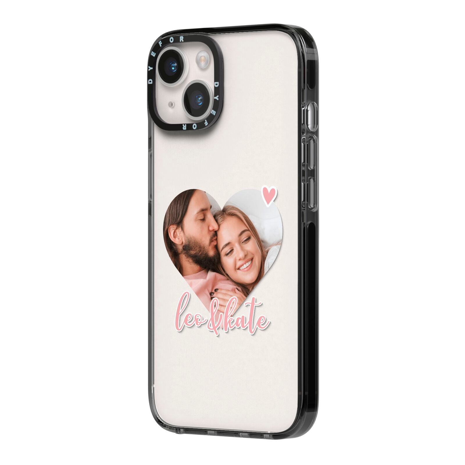Custom Couples Photo iPhone 14 Black Impact Case Side Angle on Silver phone